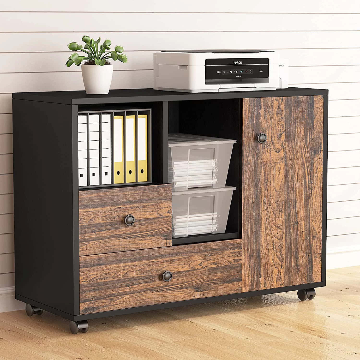 A Black And Brown Cabinet With A Printer And Drawers