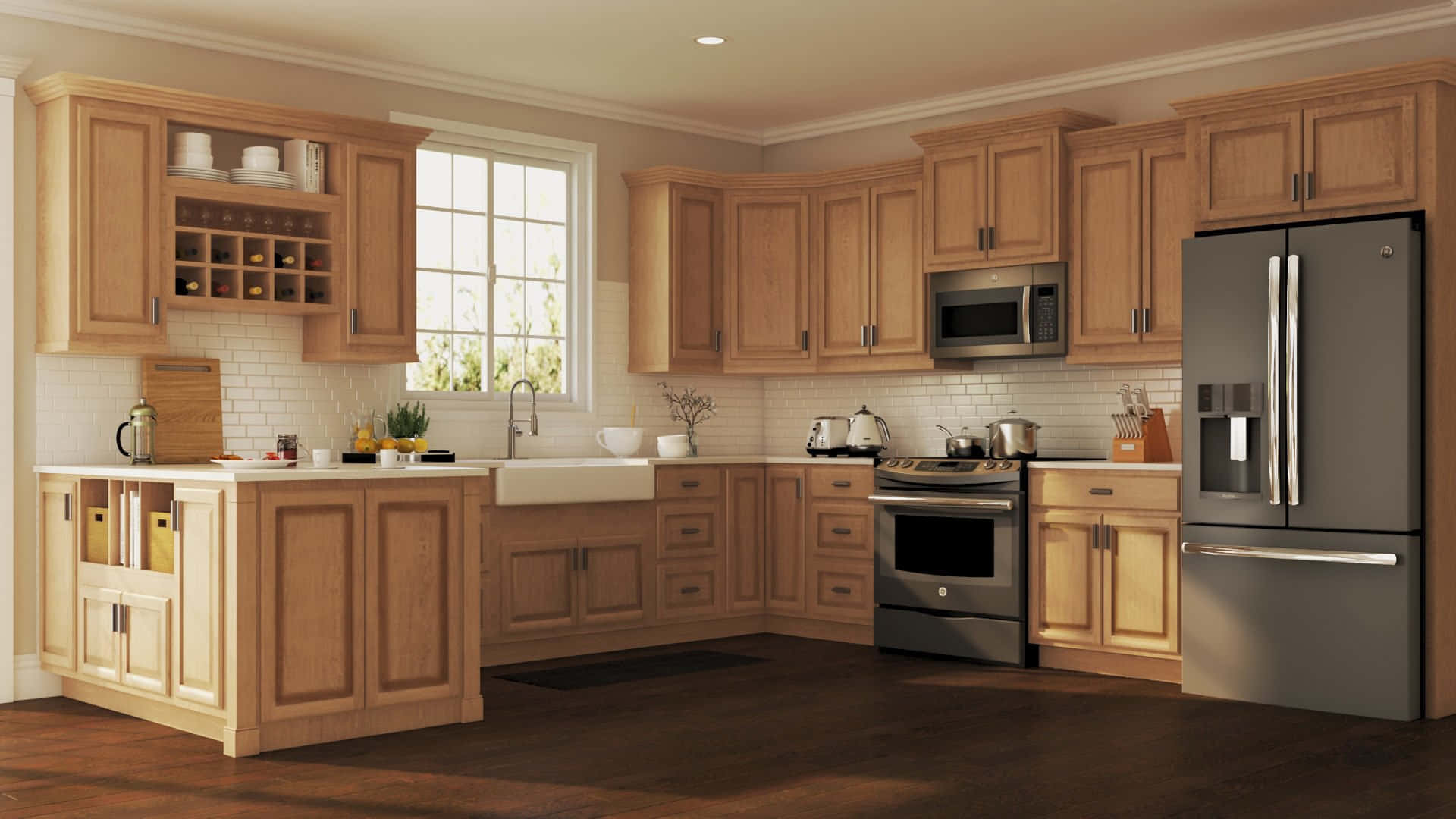 A Kitchen With Wood Cabinets And A Refrigerator