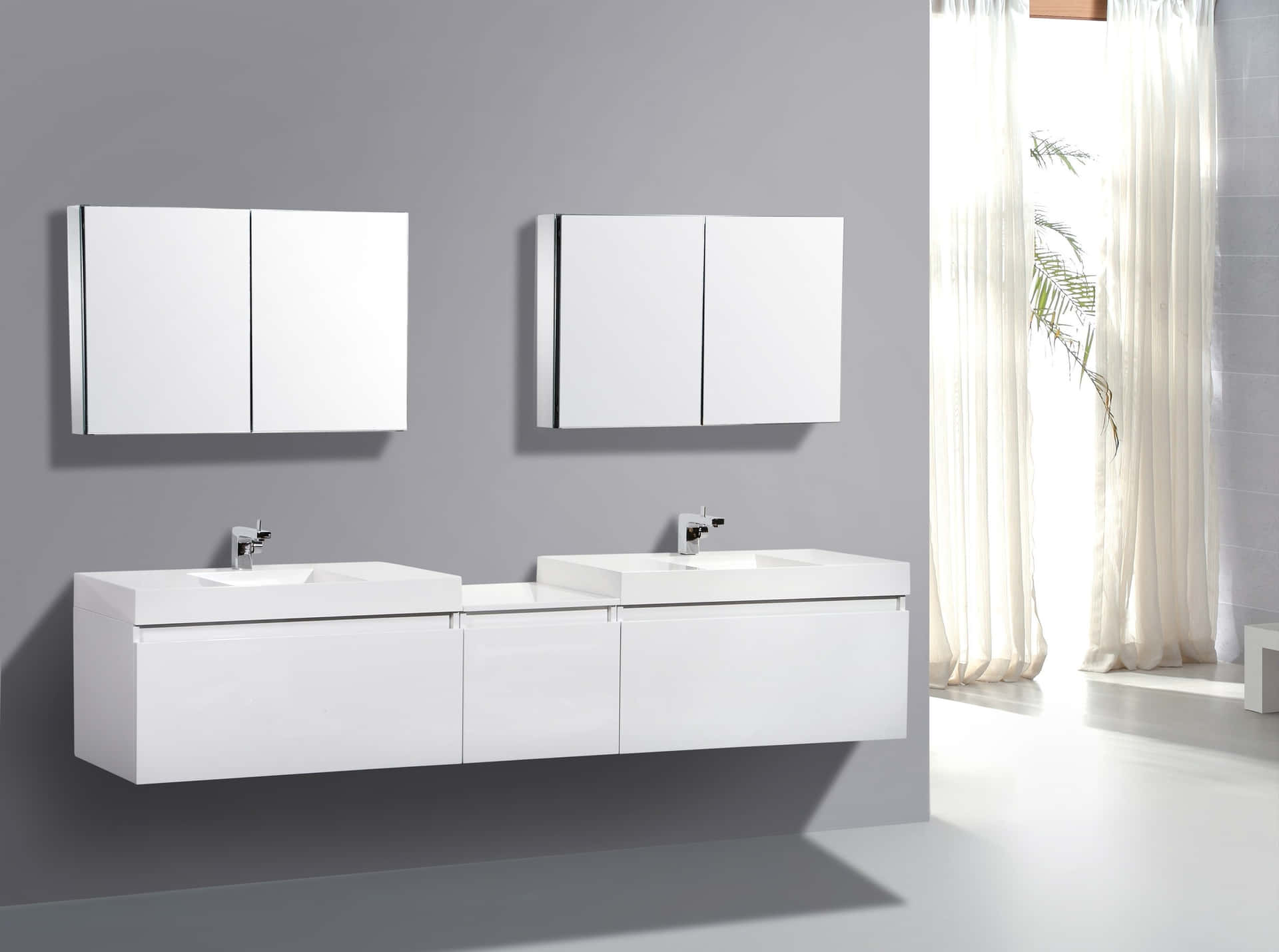 A Bathroom Vanity With Two Sinks And Mirrors