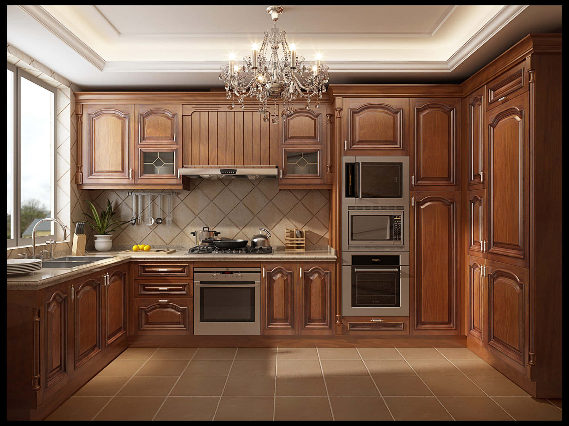 A Kitchen With Wooden Cabinets And A Chandelier