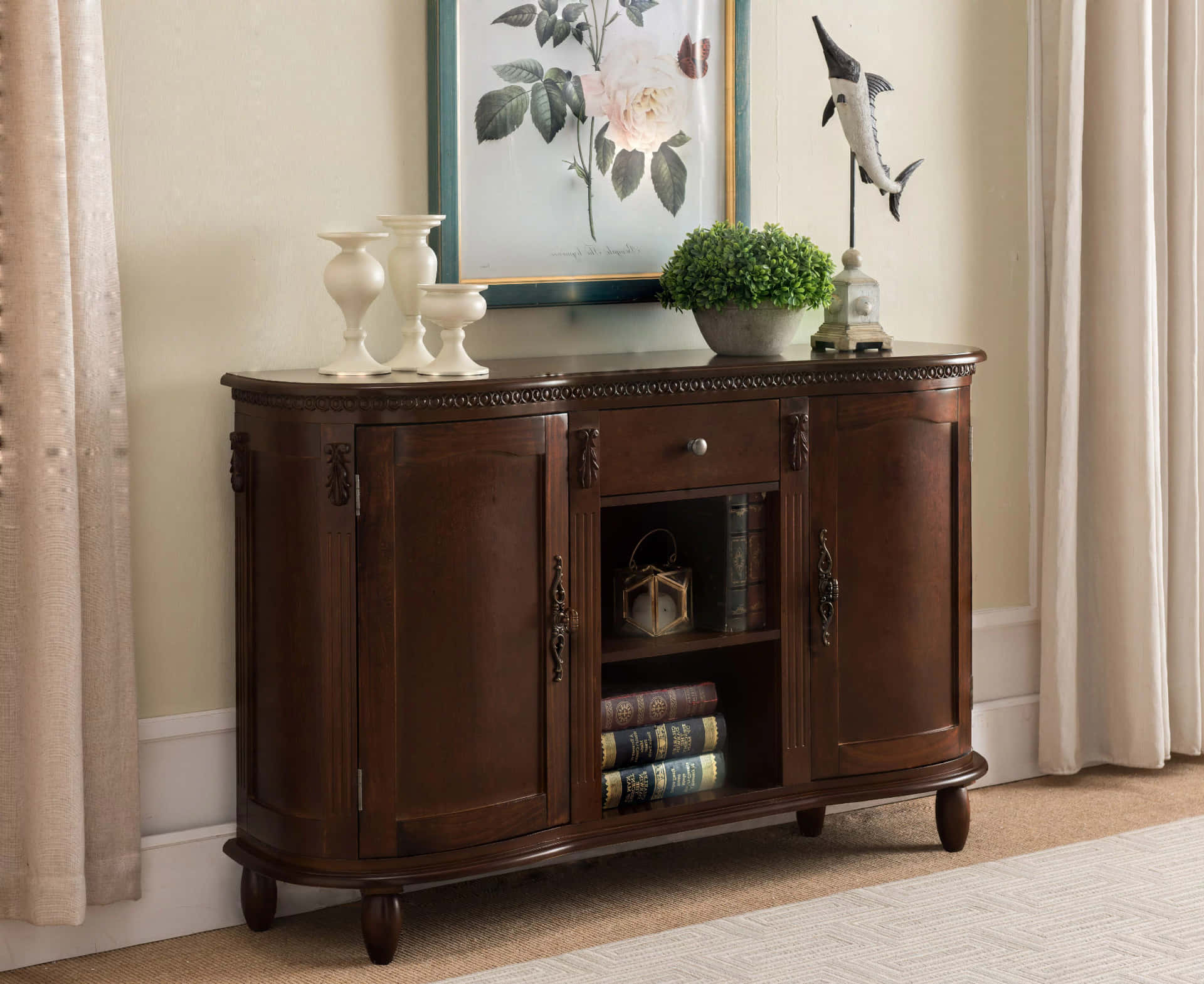 A Brown Wooden Sideboard With A Picture On It