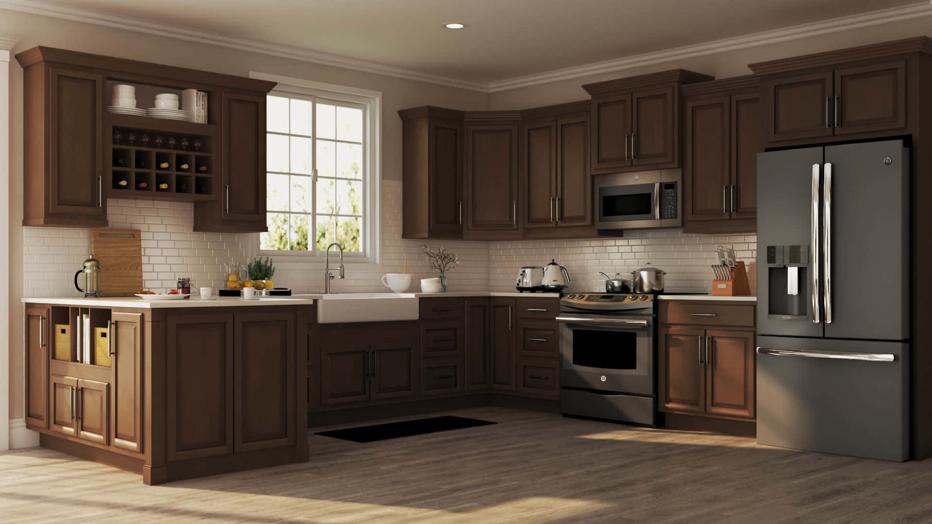 A Kitchen With Brown Cabinets
