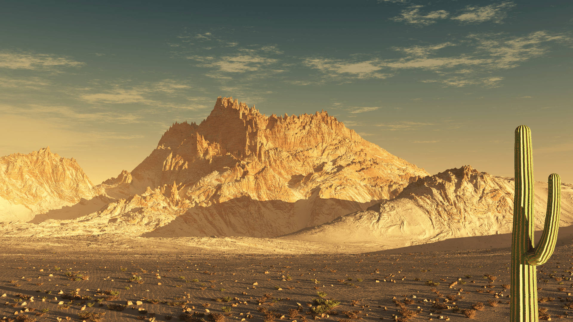 A Lone Cactus in a Desert Mountain Landscape Wallpaper