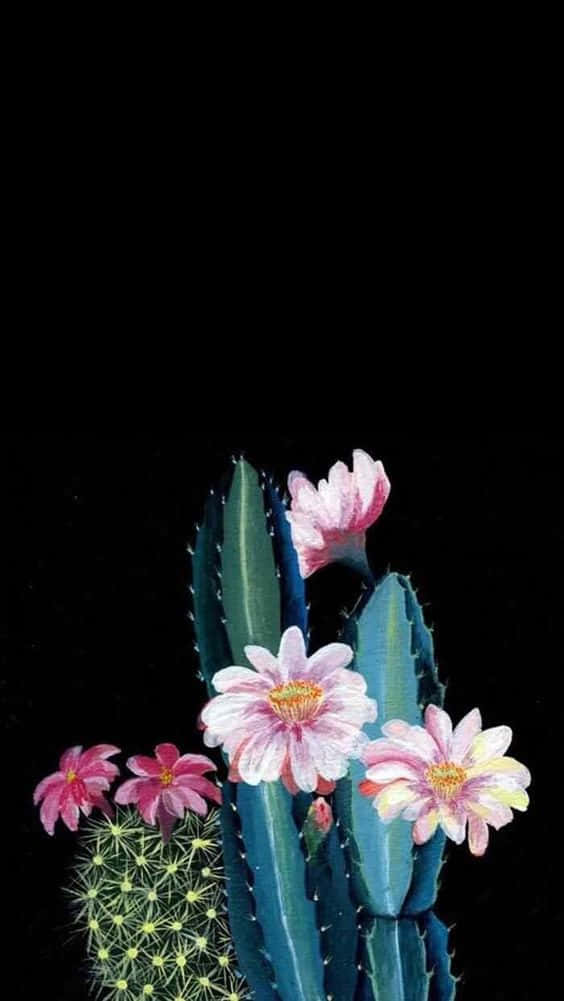 Enmålning Av Kaktus Och Blommor På En Svart Bakgrund. Wallpaper