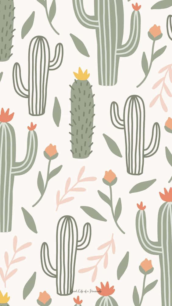 Cactus Pattern With Flowers And Leaves Wallpaper