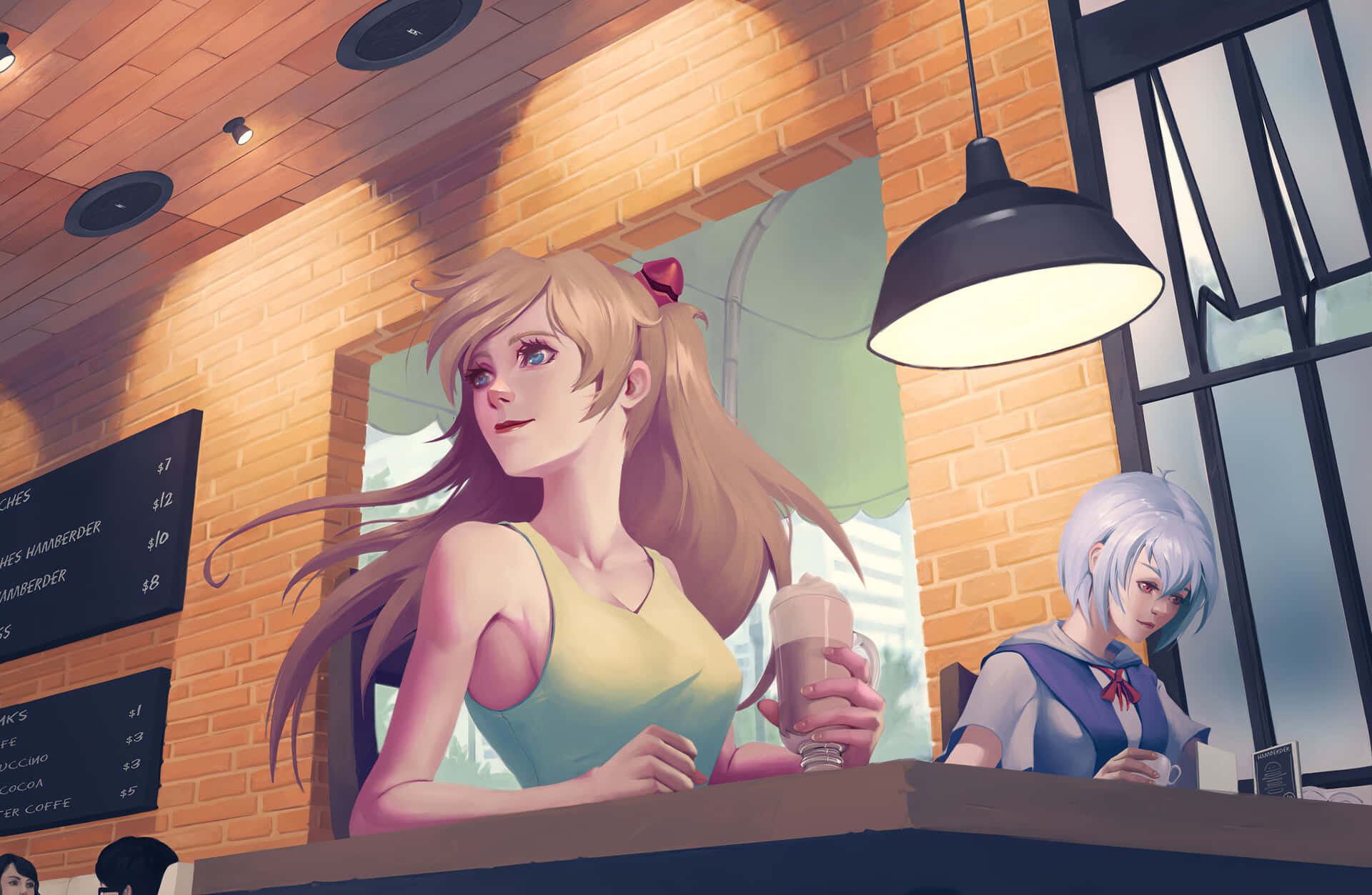 Anime Girl At Cafe Wallpaper