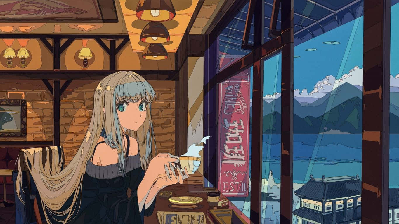 Vännersamlas På Cafe Anime (for Computer Or Mobile Wallpaper) Wallpaper