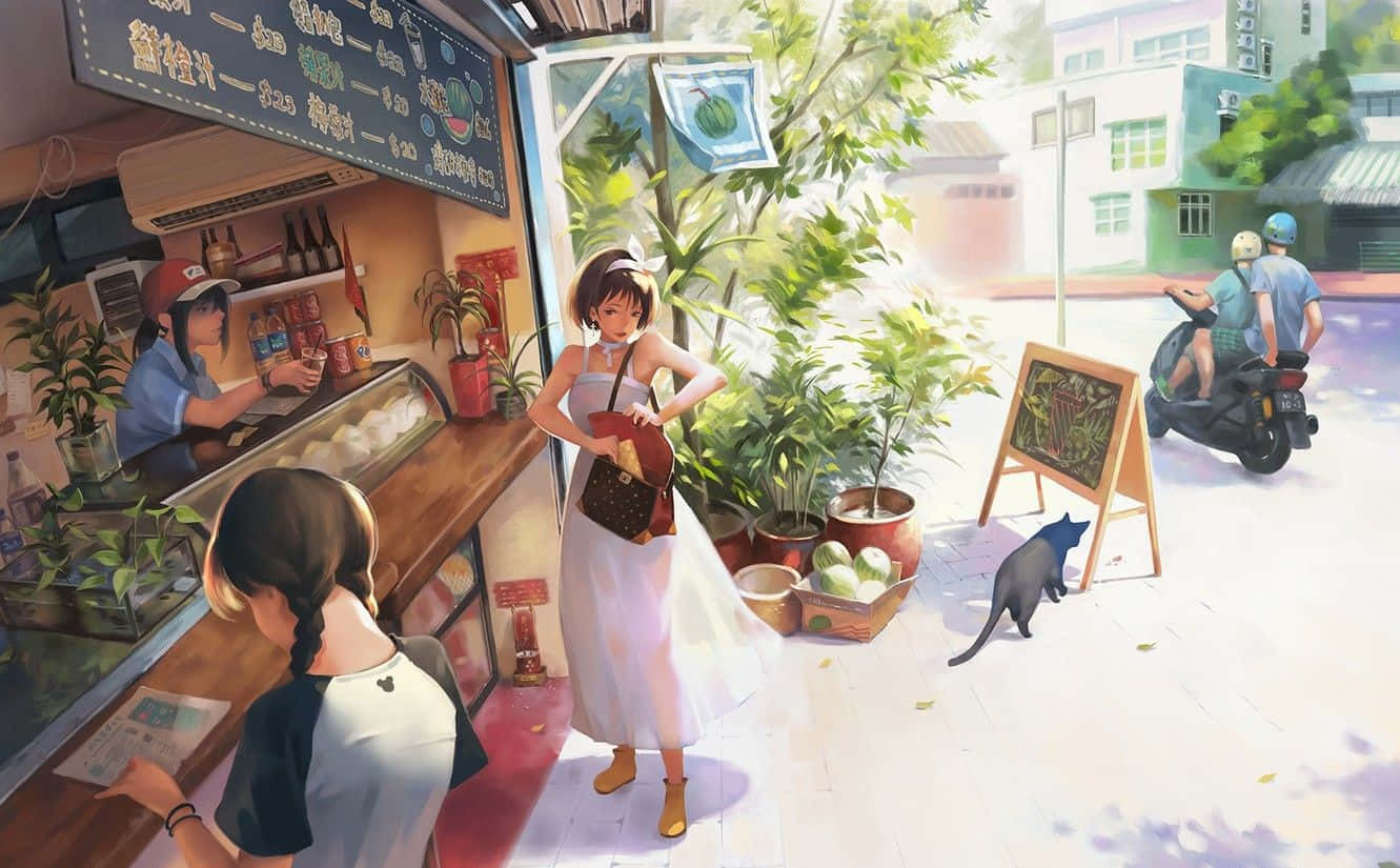 Njutav En Kopp Kaffe På Cafe Anime! Wallpaper