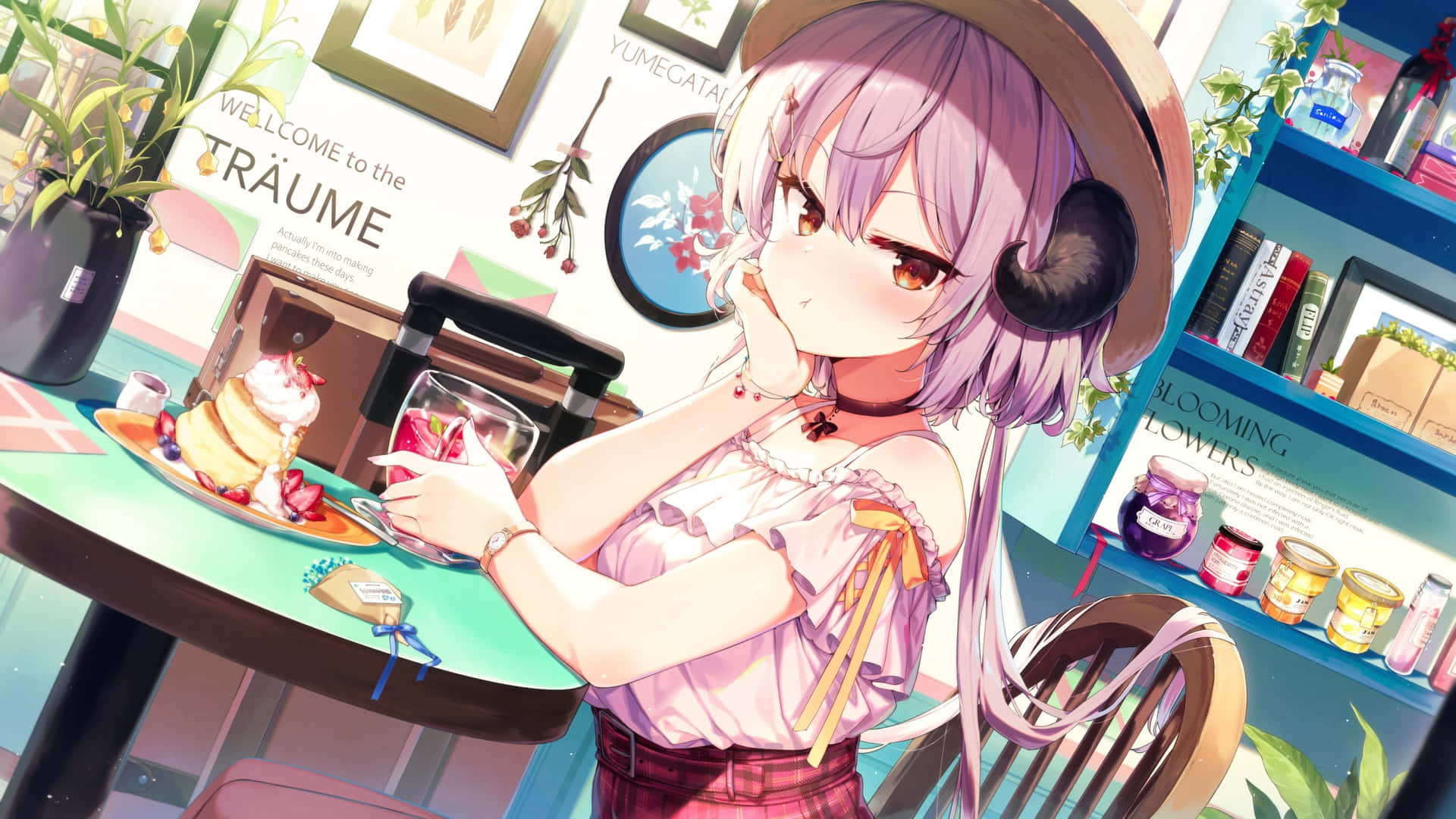 Cafe Anime Pige Med Drink Skrivebords-baggrund Wallpaper