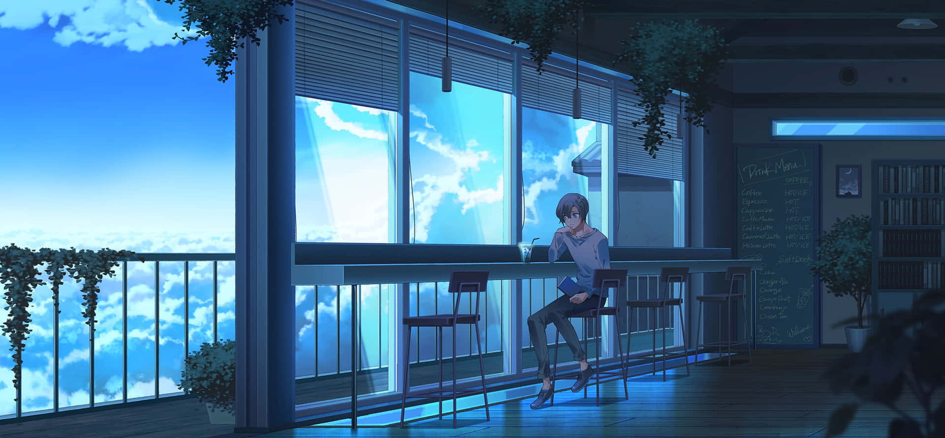 En pige sidder ved et bord og kigger ud på himlen Wallpaper
