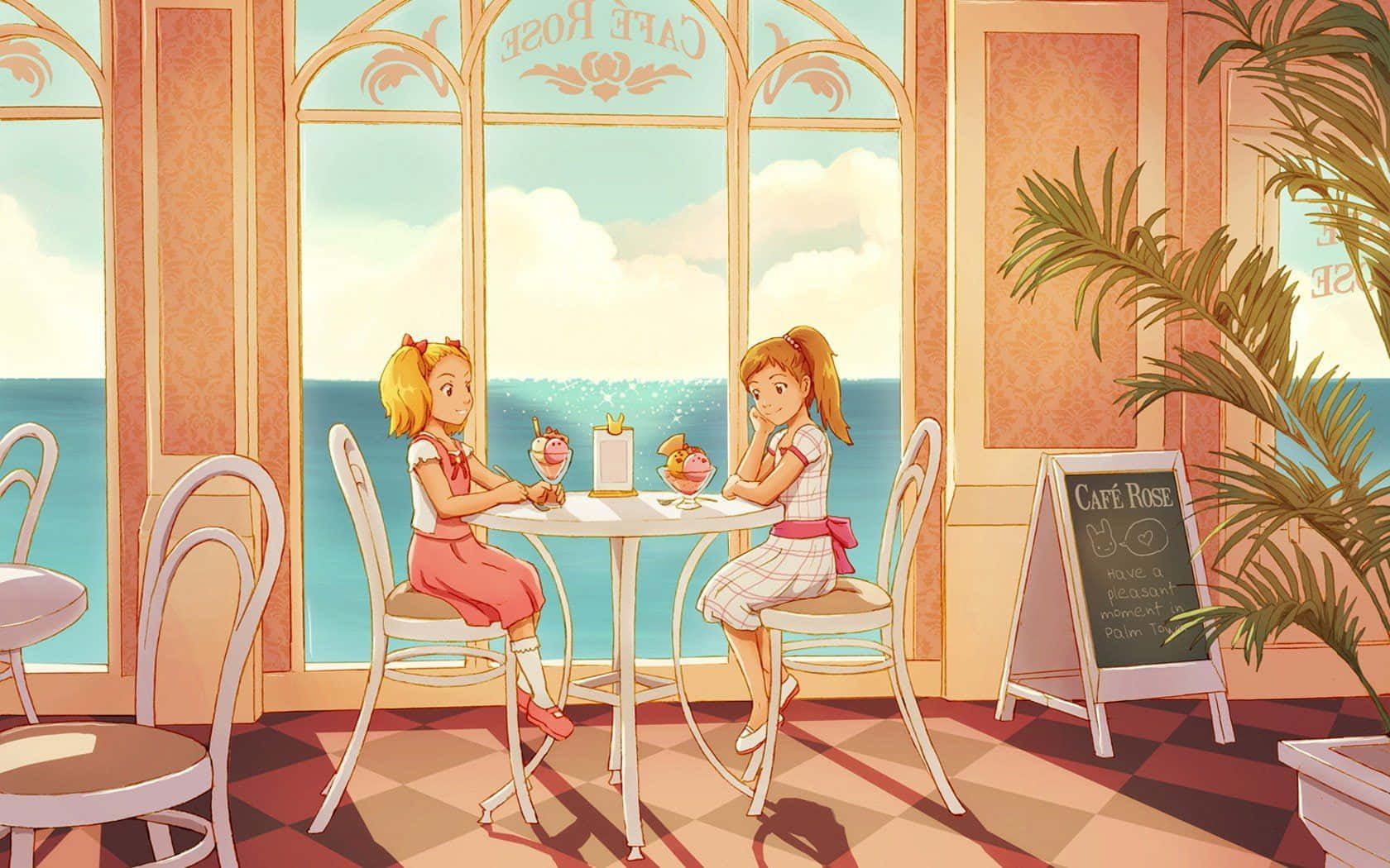 Slap af og nyd en kaffe på Café Anime scenarie tapet. Wallpaper