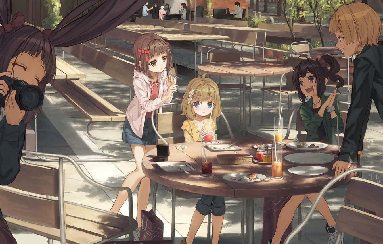 Nyd en kop kaffe, mens du ser de nyeste anime-udgivelser på Café Anime. Wallpaper