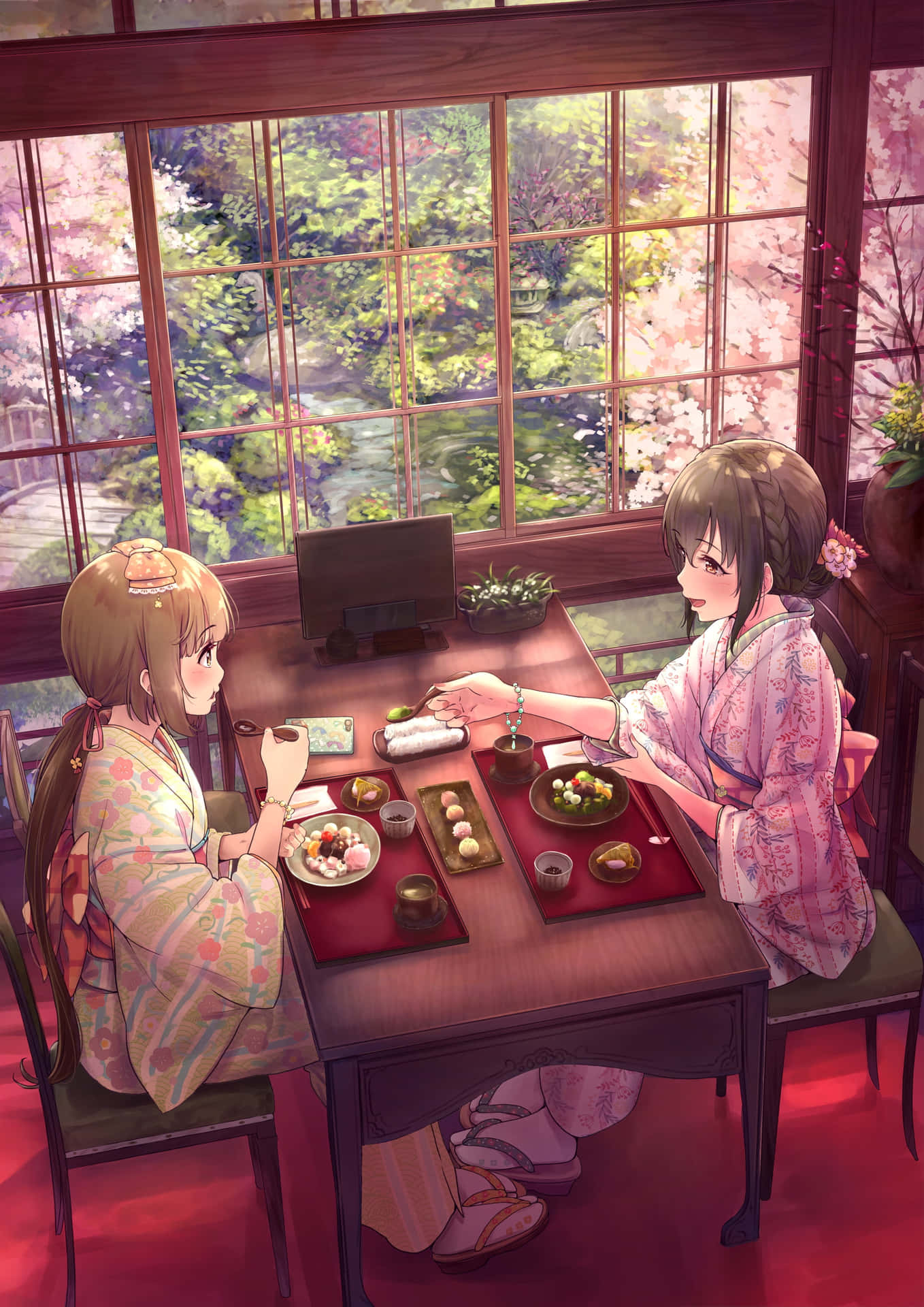 Animetjejer På Ett Café. Wallpaper