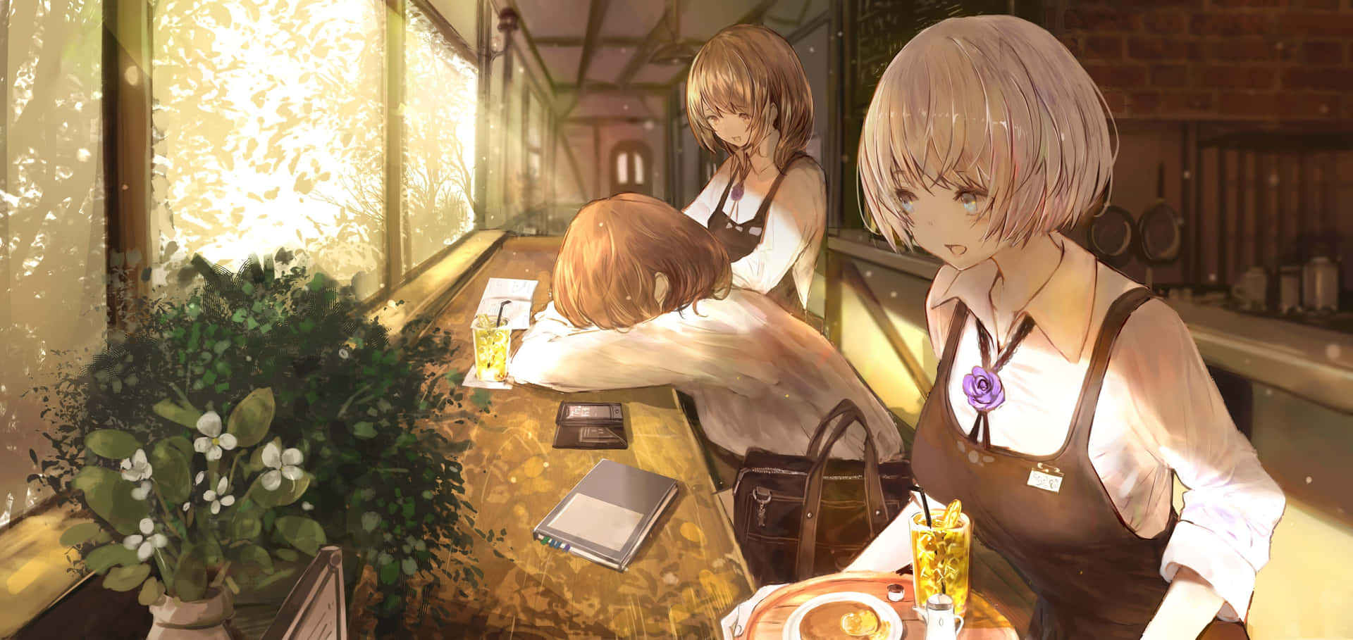 Animeeleverpå Kafé (for A Computer Or Mobile Wallpaper Featuring Anime Students At A Café) Wallpaper