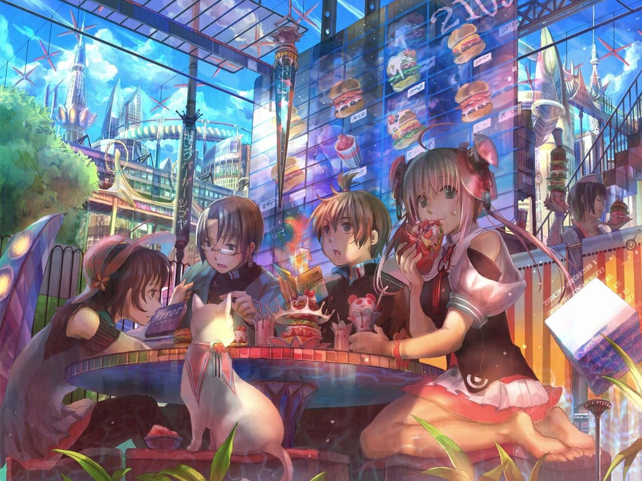 En gruppe mennesker sidder ved et bord i en by. Wallpaper