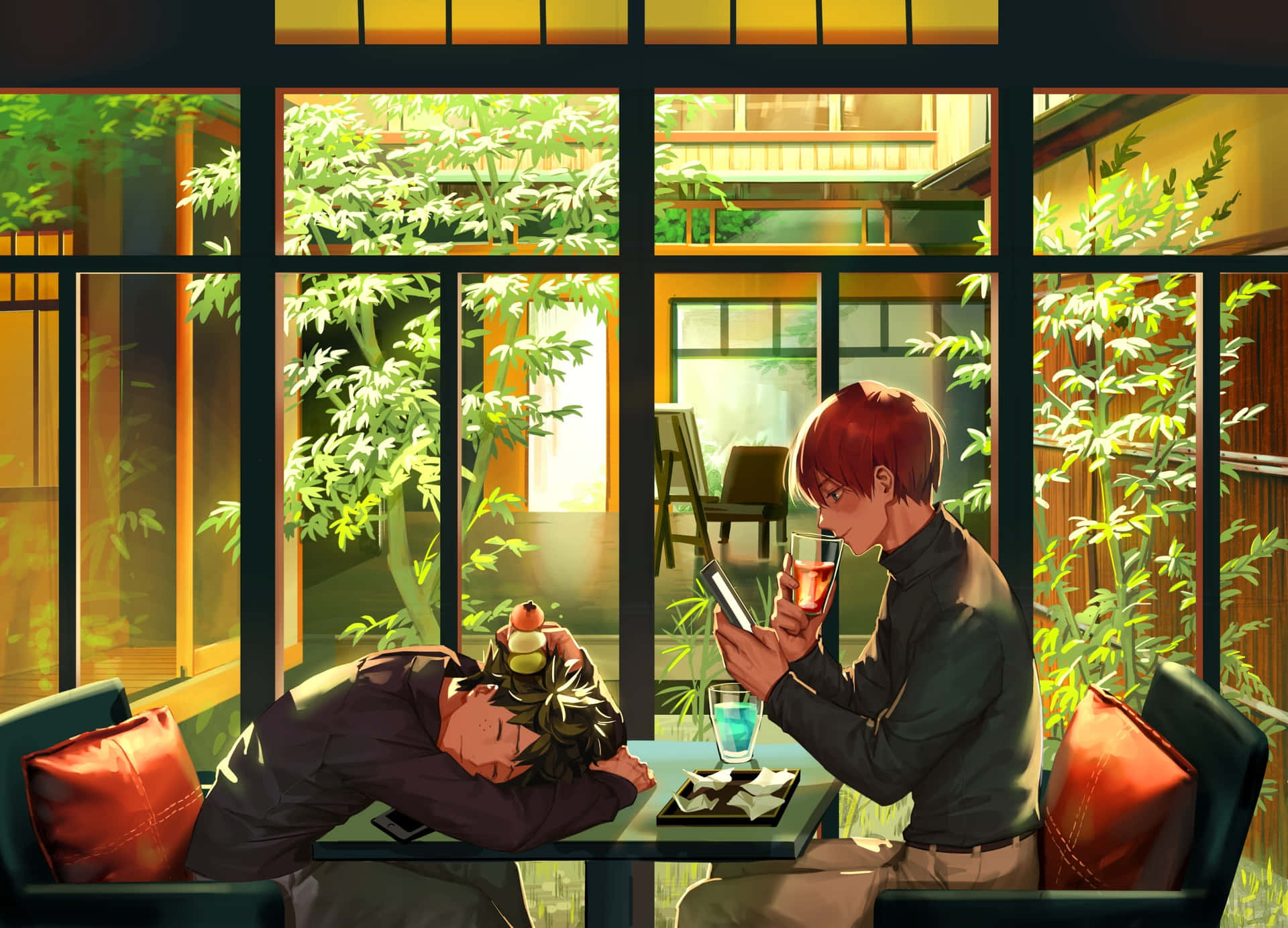 Anime Boys At A Cafe Wallpaper