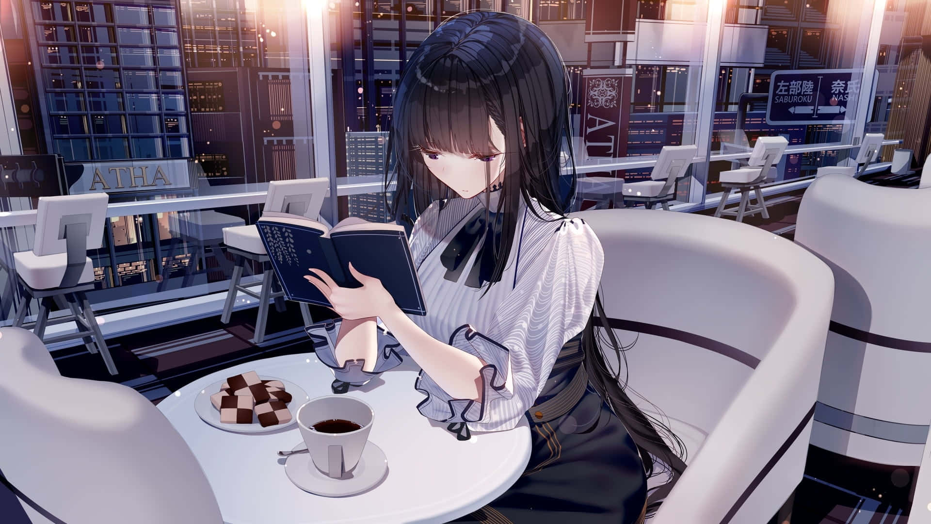 Lexica - Full body anime style model girl reading book on the window, black  hair, blue eyes realistic detailes, 2d illustration, glamour, fashion sty...