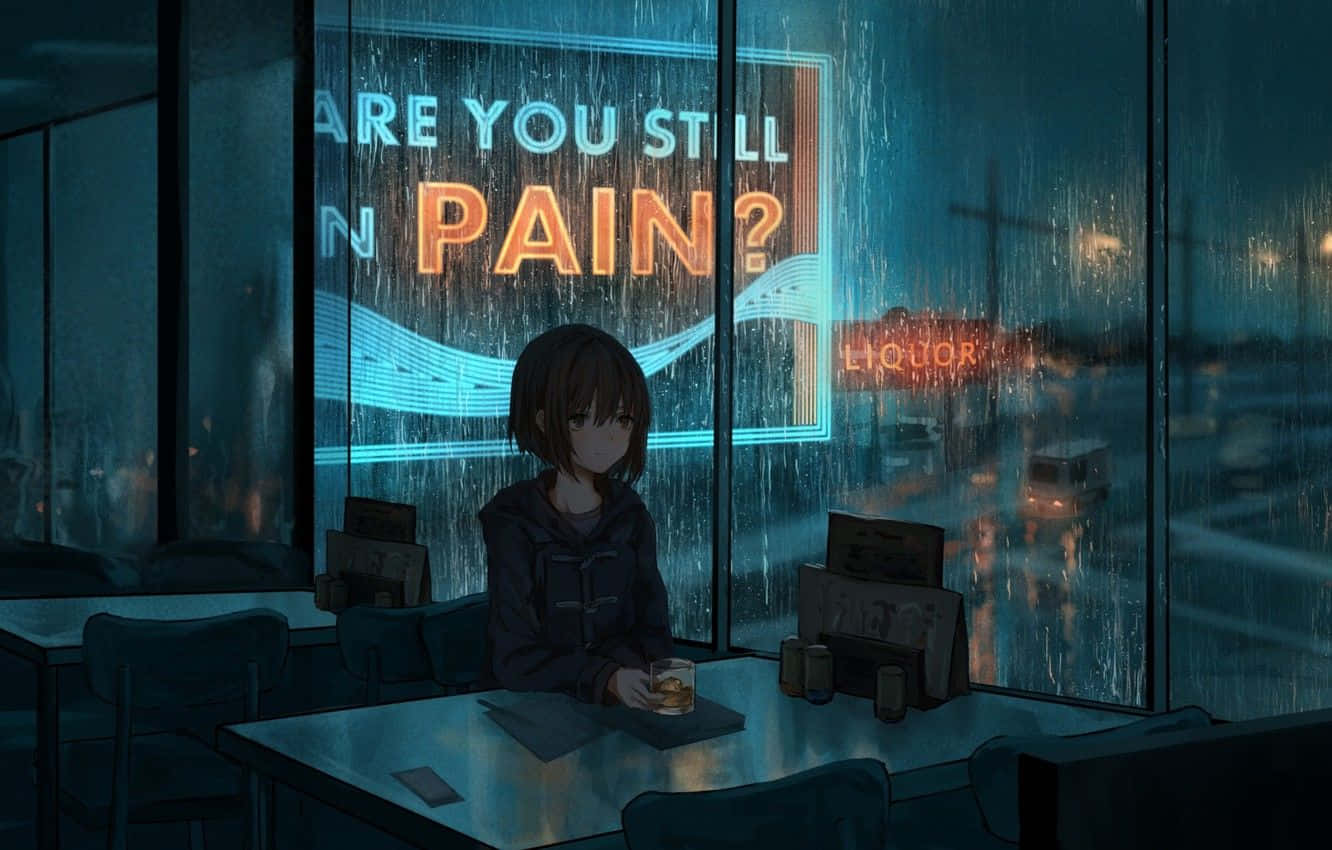 En pige sidder ved et bord i en regnfuld nat Wallpaper