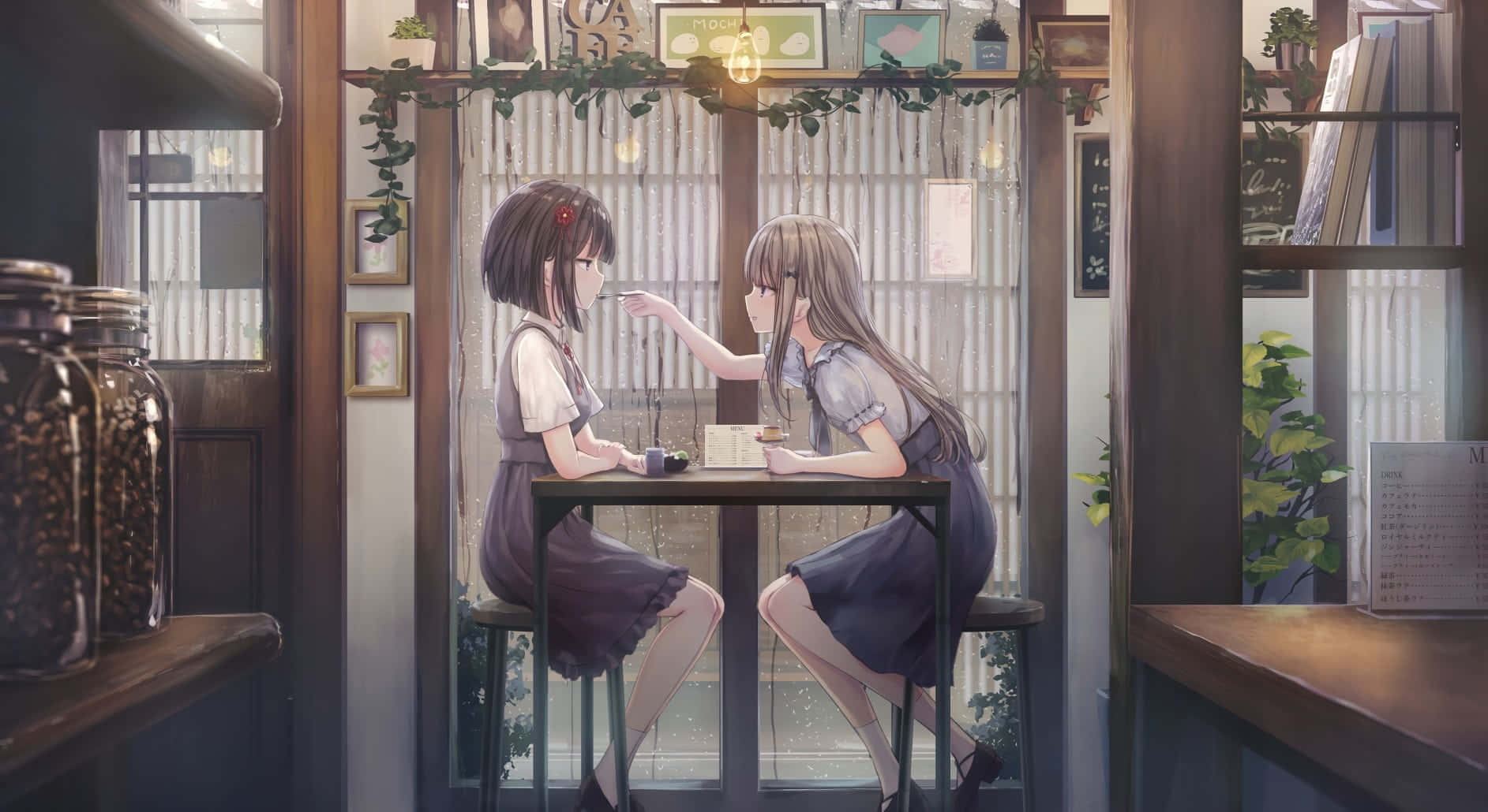 Njutav Din Favorit Anime Med En Ljuvligt Uppfriskande Kopp Kaffe På Café Anime. Wallpaper