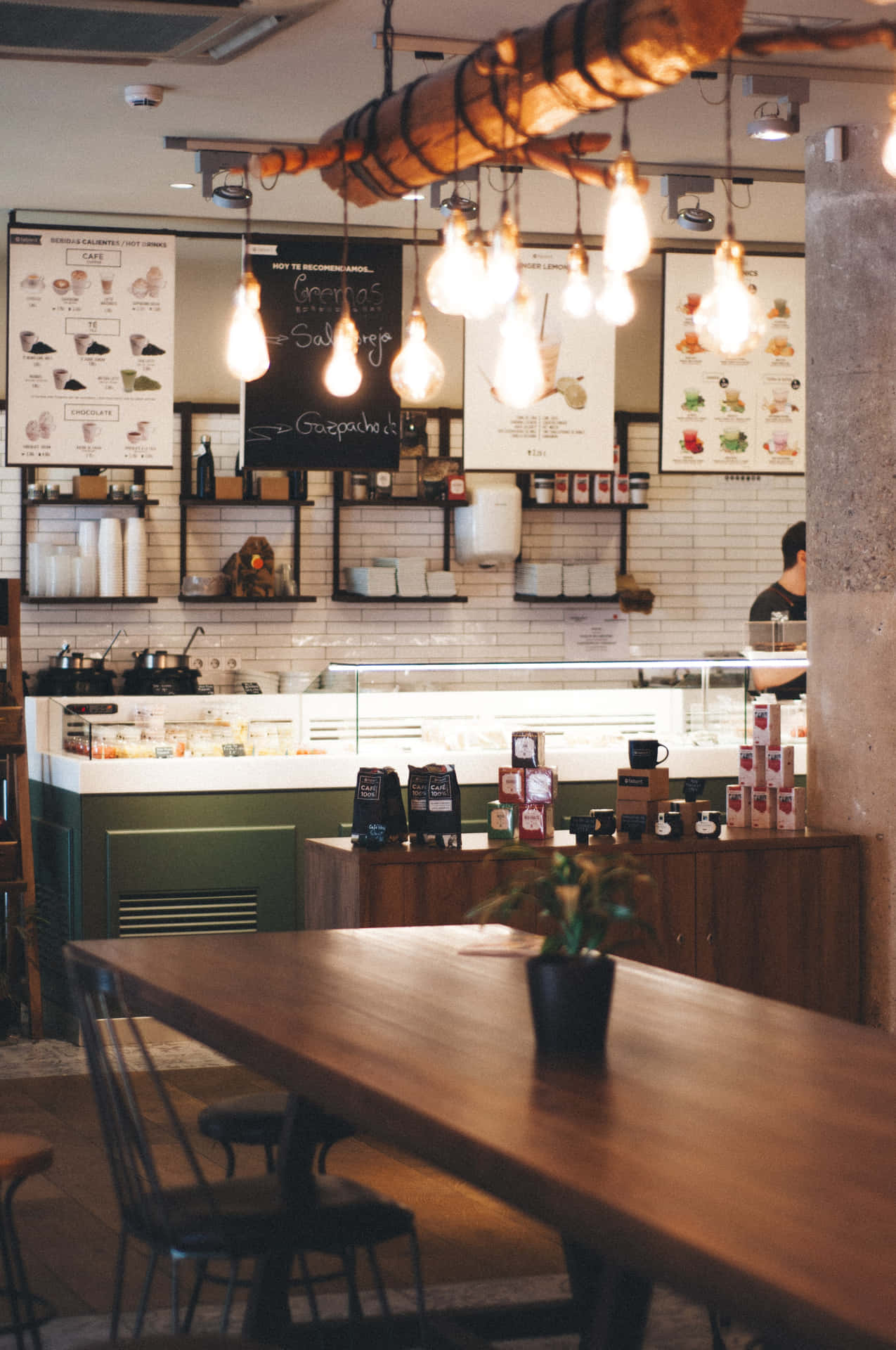 Cafe Shop With Hanging Lights Background