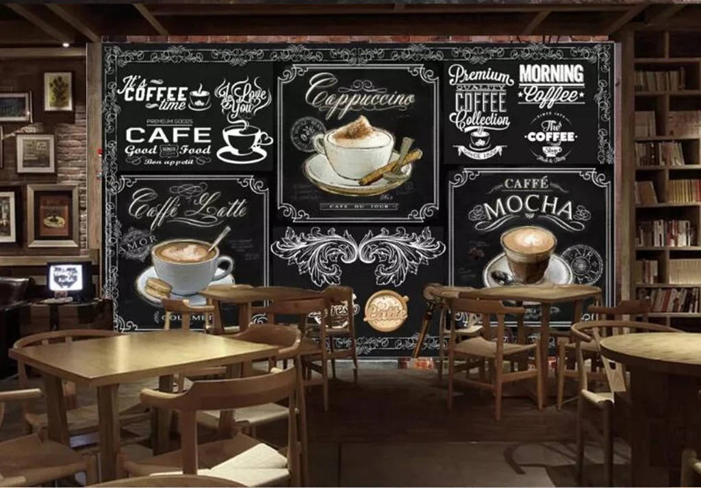 Cafe Interior Concept With Black Mural Design Background