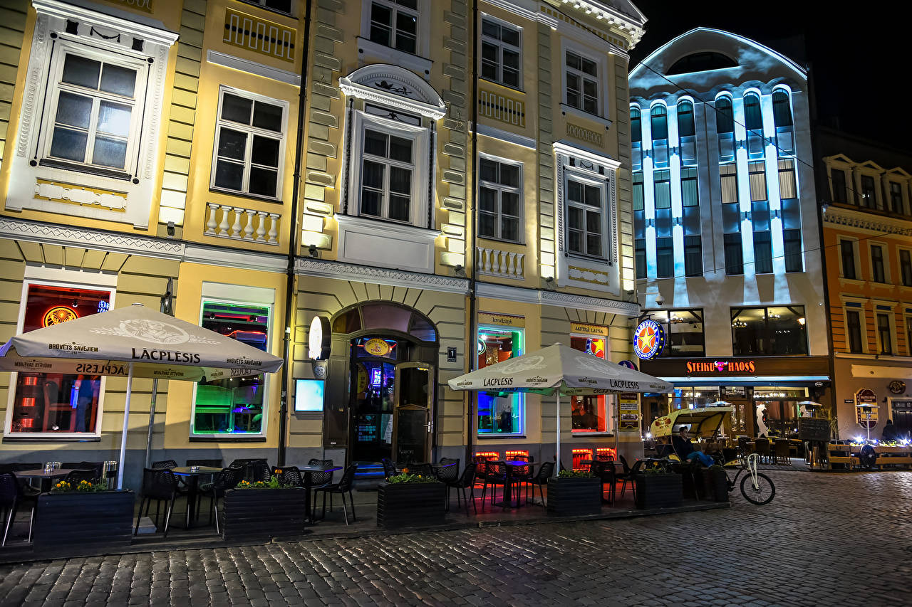 Cafe Street At Night In Riga Wallpaper