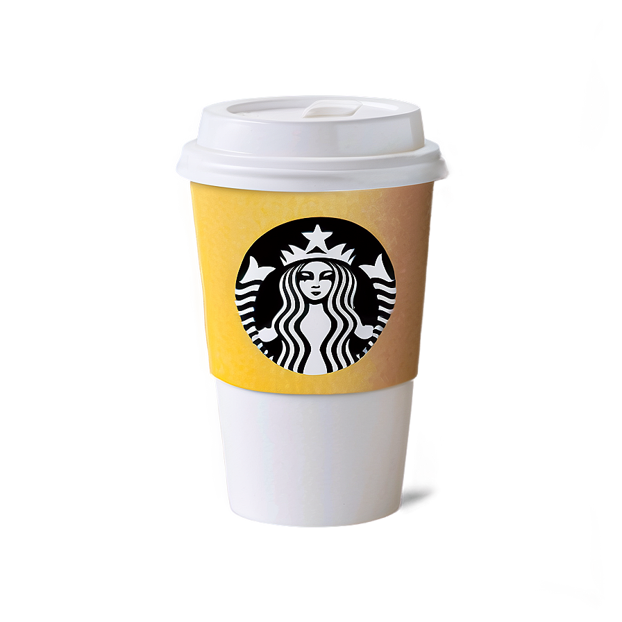 caffeine c PNG — A Starbucks coffee cup with a yellow sleeve and white lid stands against a soft beige background with a subtle glow.