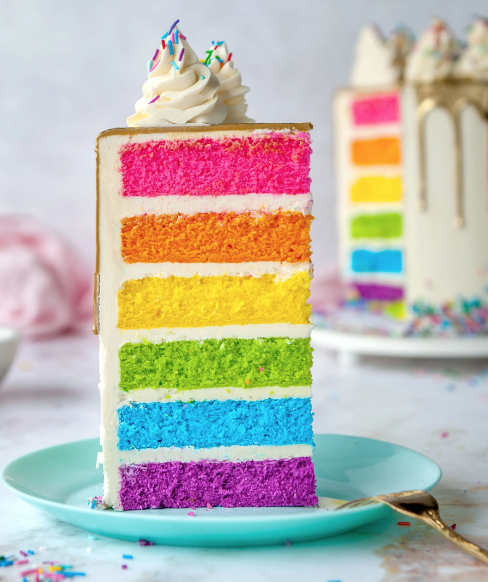 Cake Background — A vibrant rainbow layered cake slice with colorful sprinkles and gold accents sits on a teal plate.