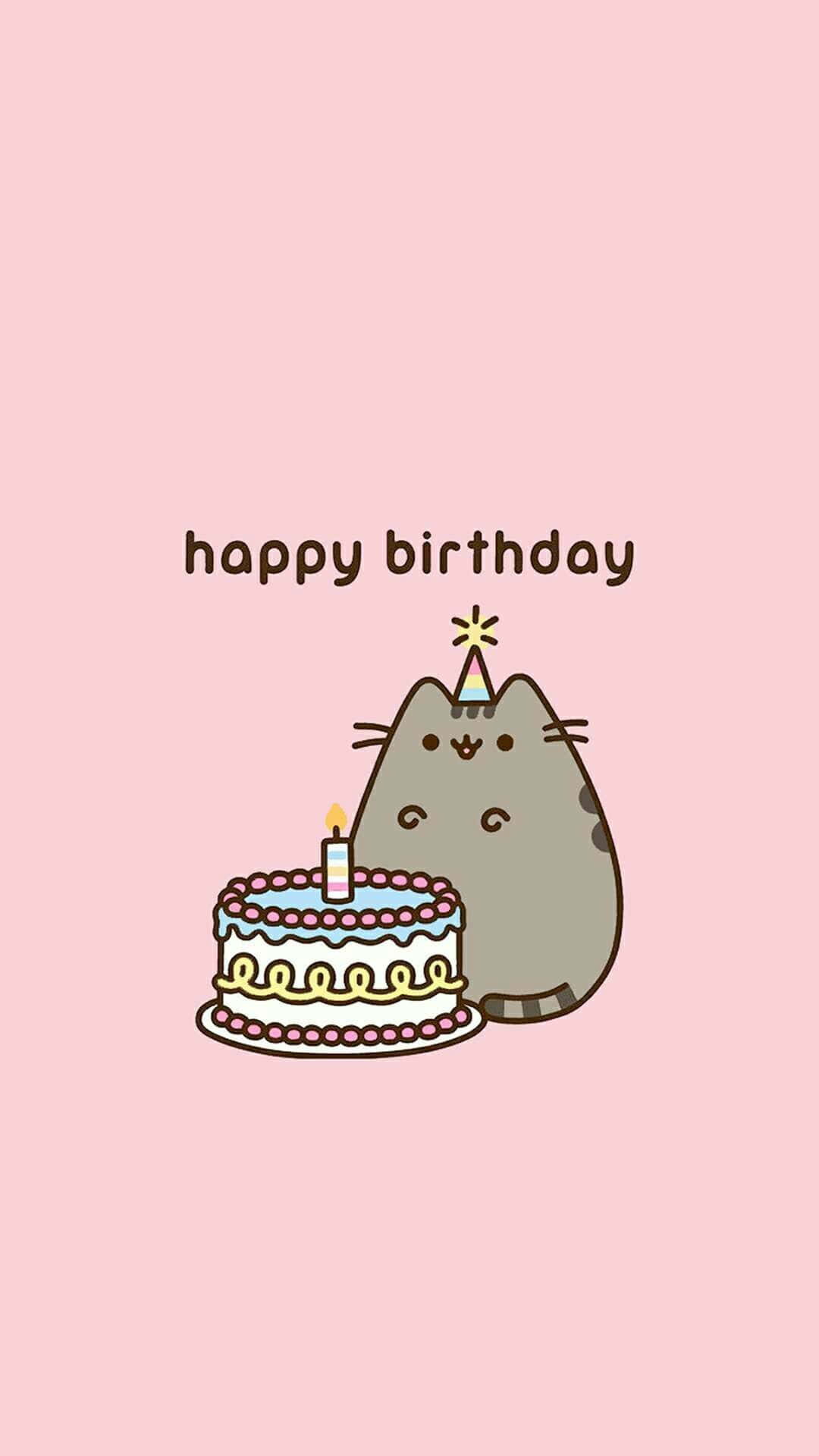 Pusheen Cat Happy Birthday Cake iPhone Wallpaper