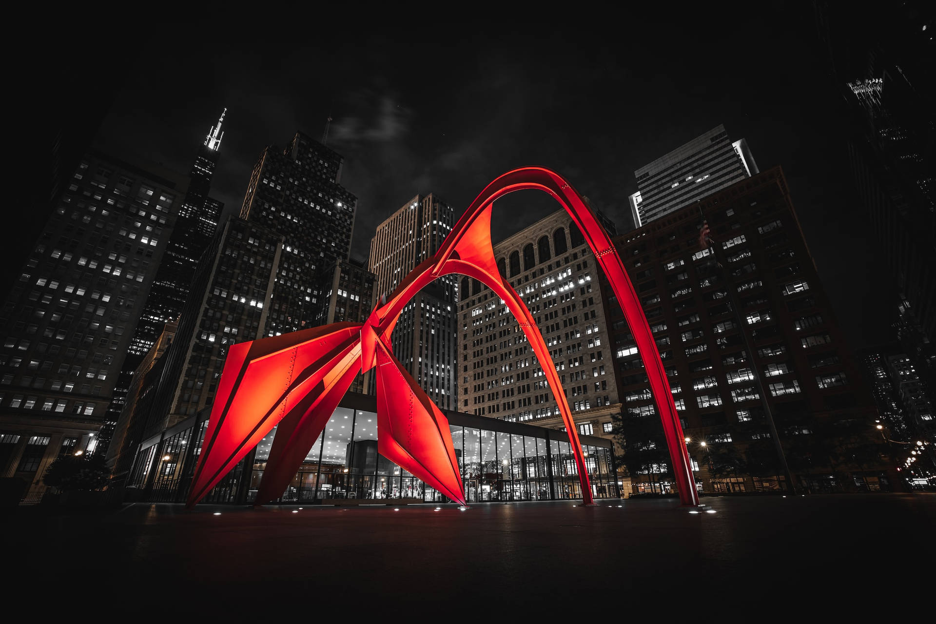 Calder's Flamingo Sculpture Chicago Skyline Wallpaper