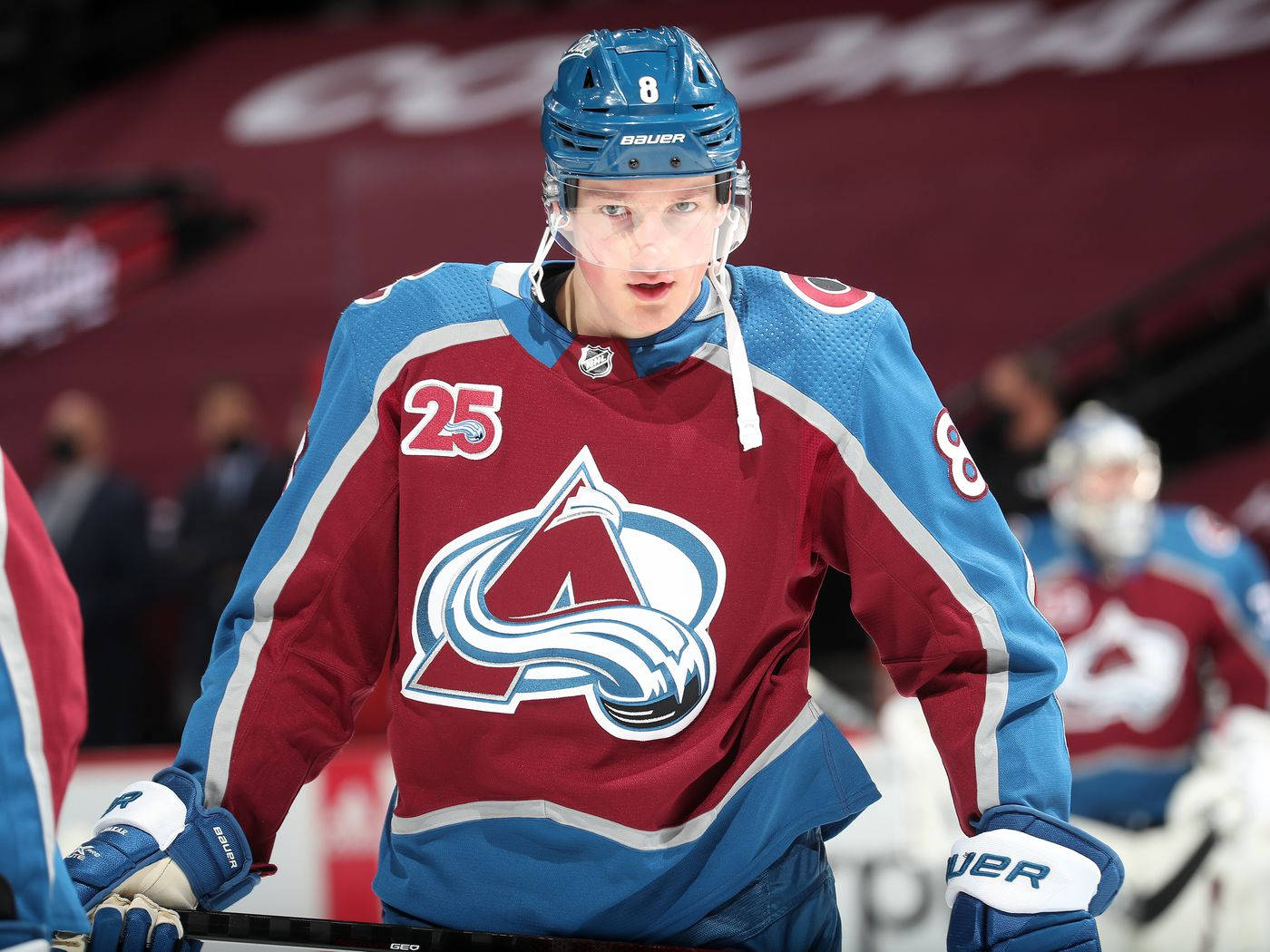 Download Cale Makar in Action Wearing Colorado Avalanche Jersey Wallpaper