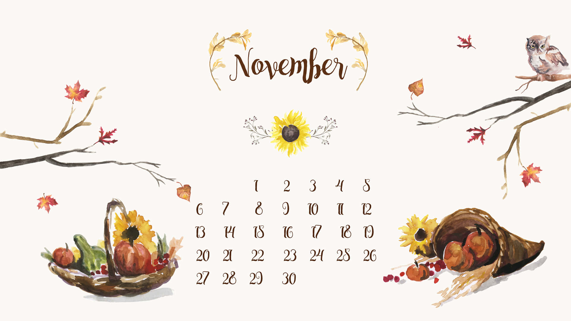 November Calendar Wallpaper With Sunflowers And Birds