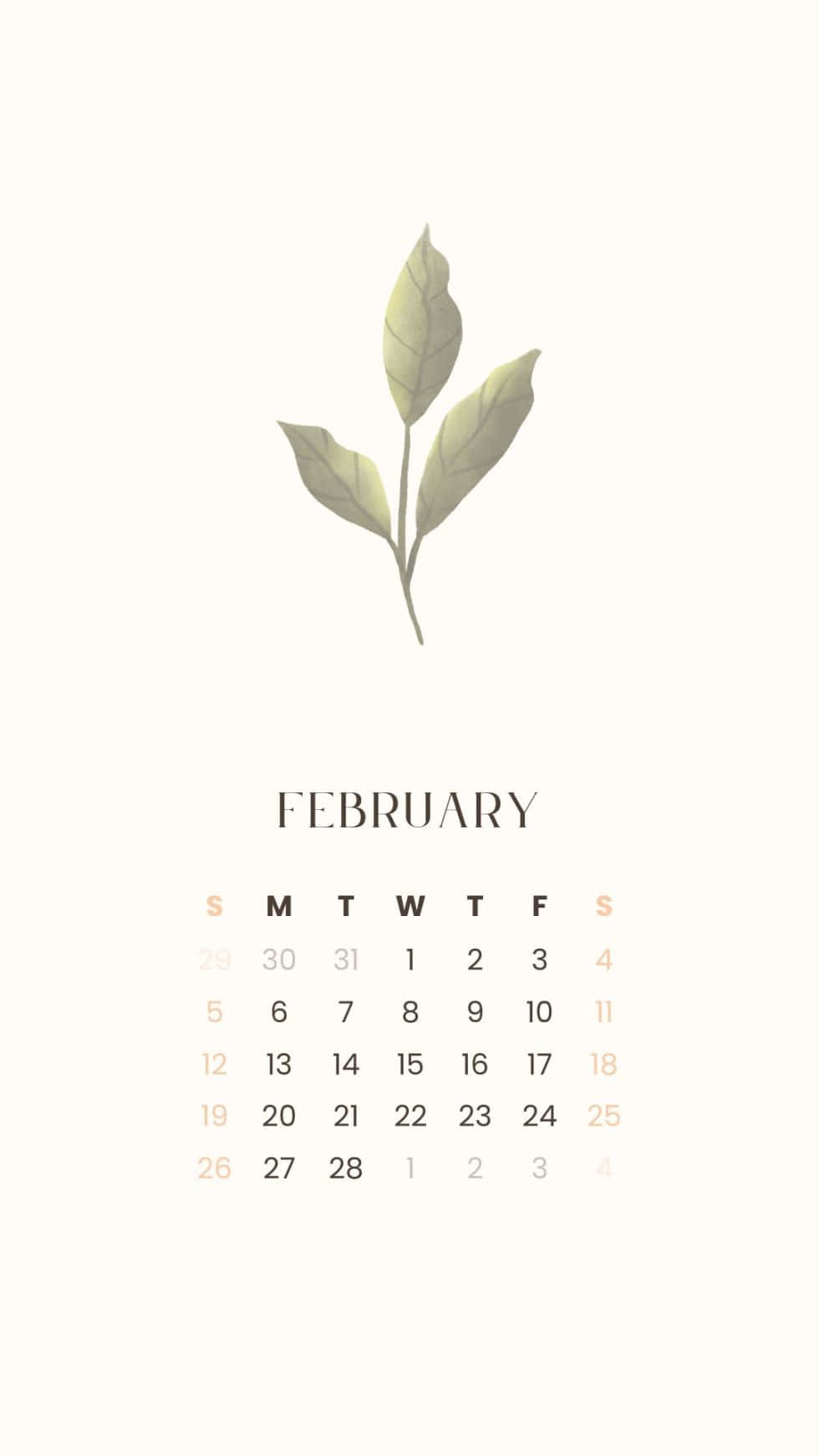 Februari2019 Kalender Med Ett Löv På Den.