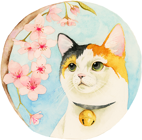 Calico Cat Cherry Blossoms Illustration PNG