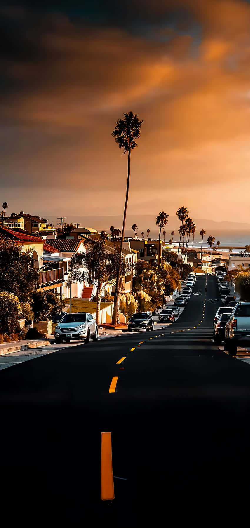 A Street With Palm Trees And Cars At Sunset Wallpaper