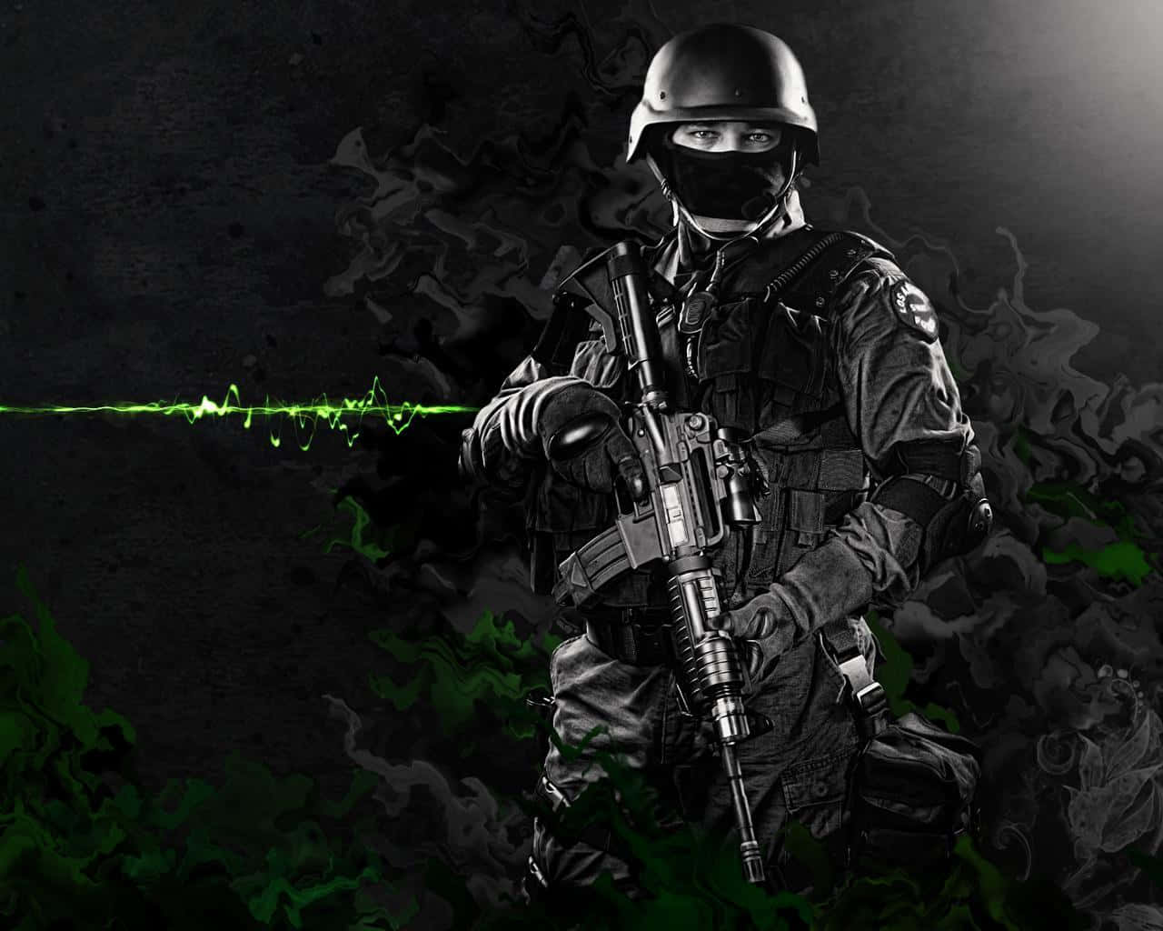 En soldat med et gevær og grøn røg Wallpaper