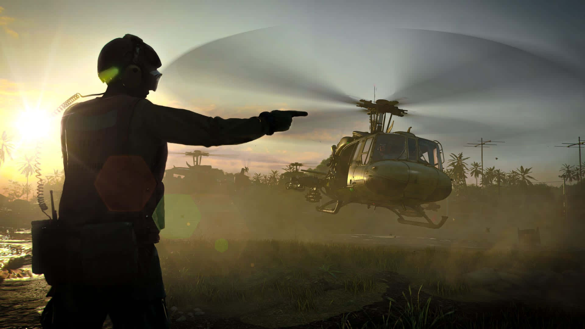 A Man Is Pointing At A Helicopter In The Distance