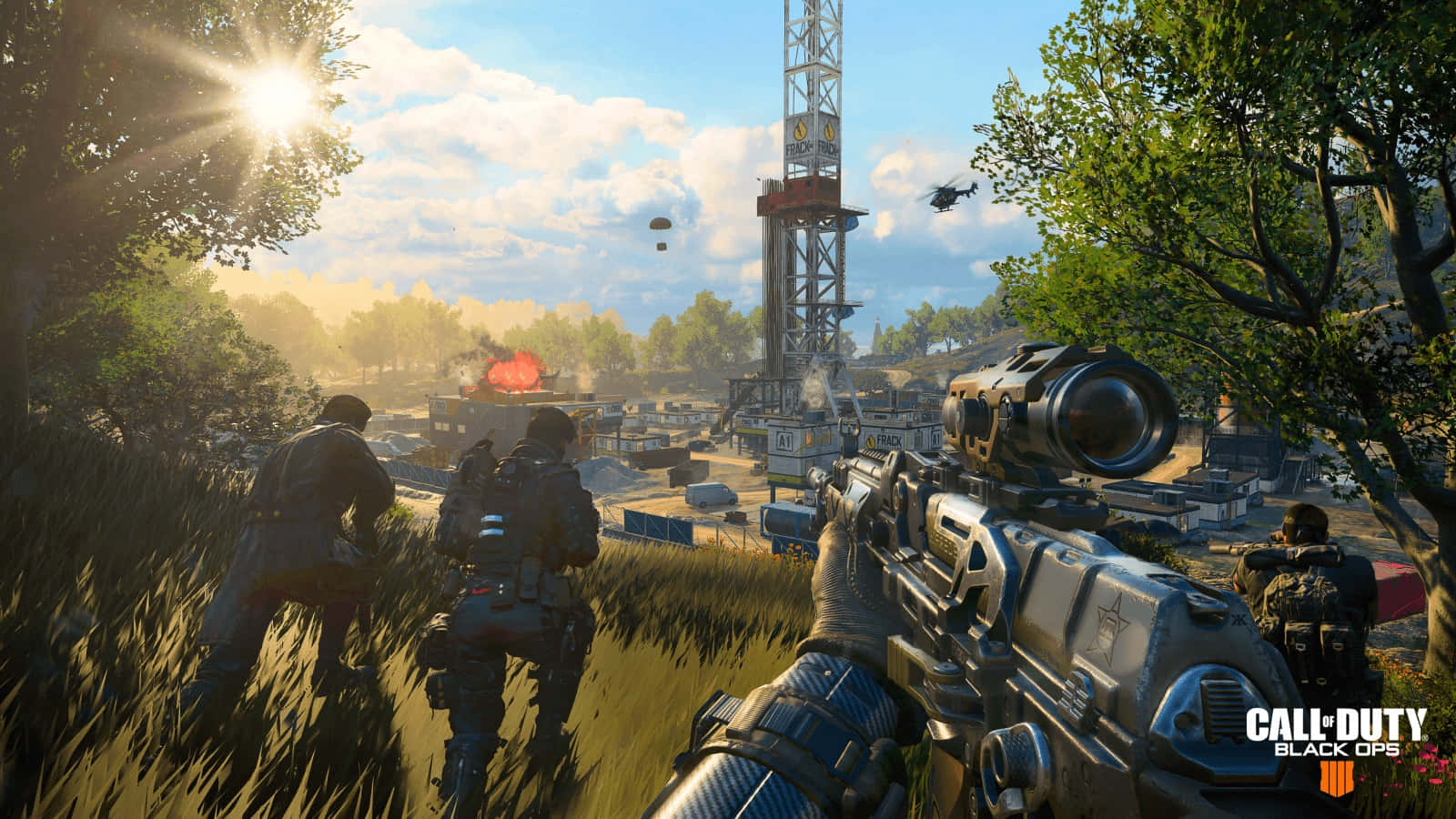 Intense Call of Duty battle scene in first-person view Wallpaper