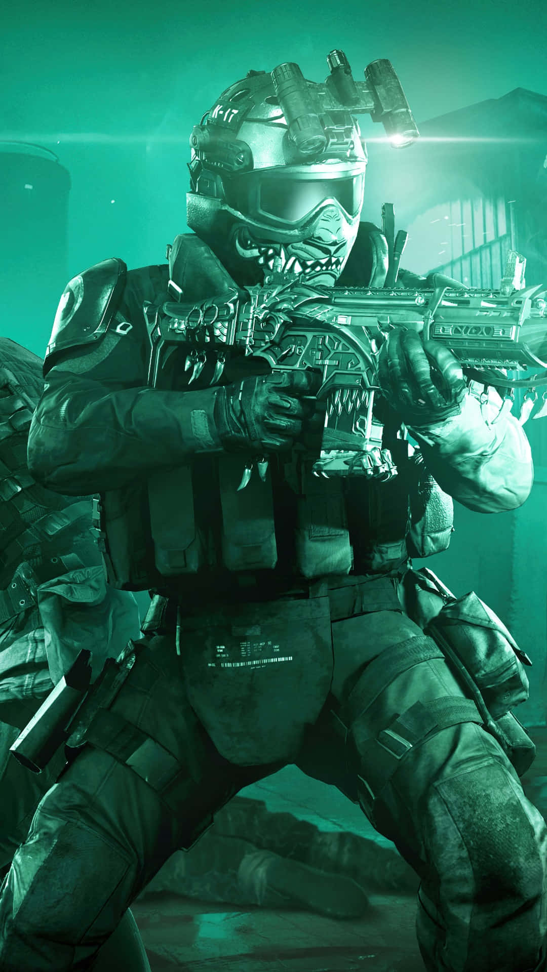 A Soldier Is Holding A Gun In Front Of A Green Screen