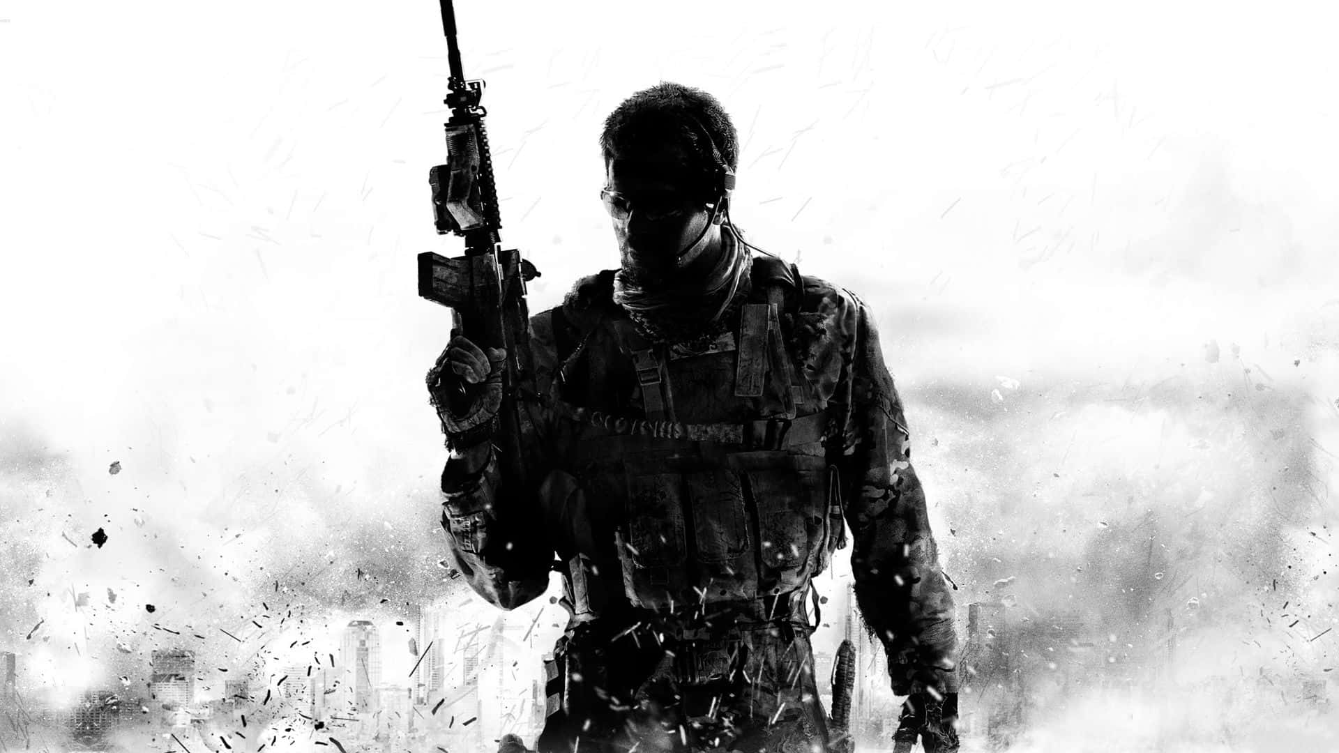 Call Of Duty Modern Warfare 3 Soldier Silhouette Tapet: Se en solid soldat stående, bevæbnet med moderne kugleforsyning, midt i en sølv brun militær baggrund. Wallpaper