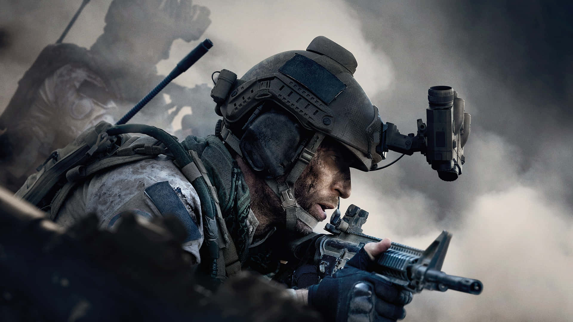 En kriger stiger op midt på et røgfyldt slagmark i Call of Duty Modern Warfare HD Desktop Wallpaper. Wallpaper