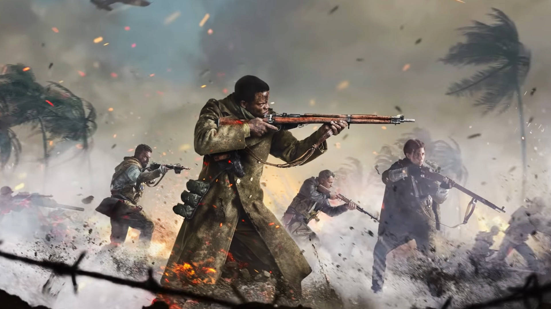 A Group Of Soldiers Are Holding Guns In The Background Wallpaper