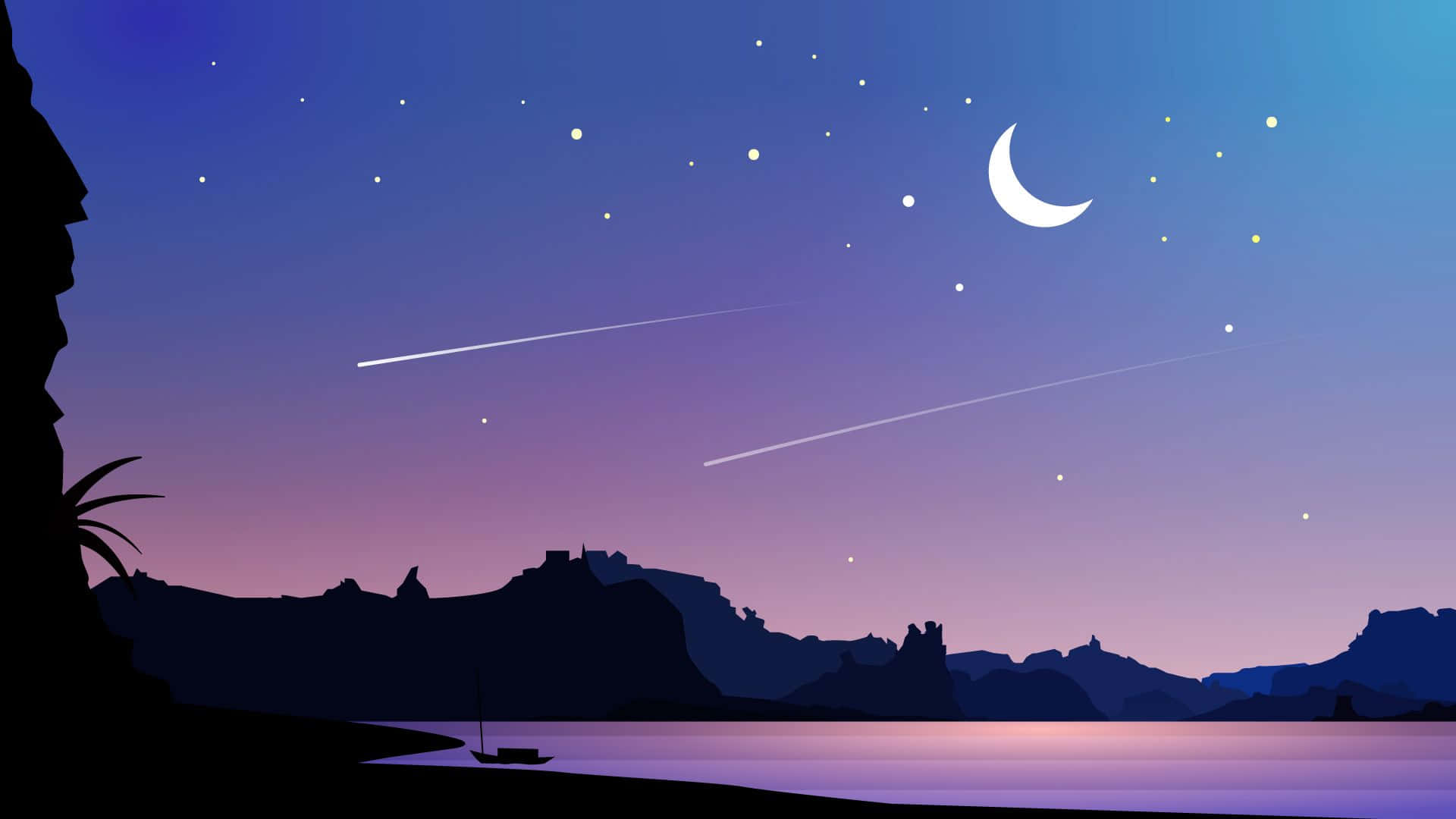 A Silhouette Of A Mountain And A Moon With Stars Wallpaper
