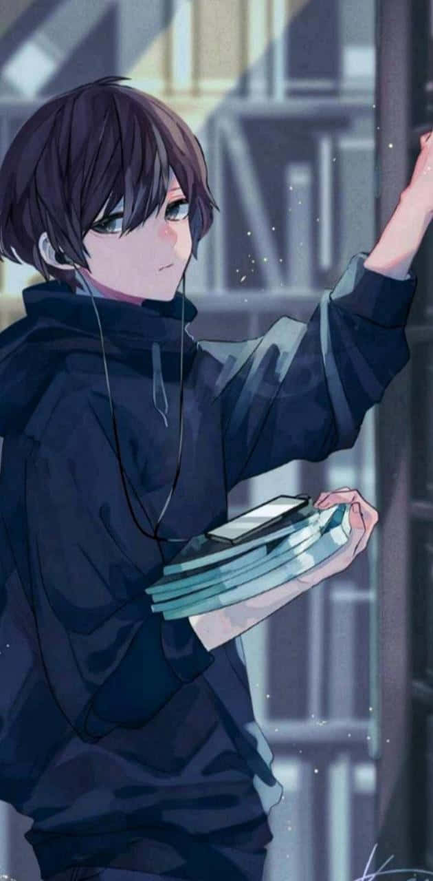 Calm Anime Boy Collecting Books Wallpaper