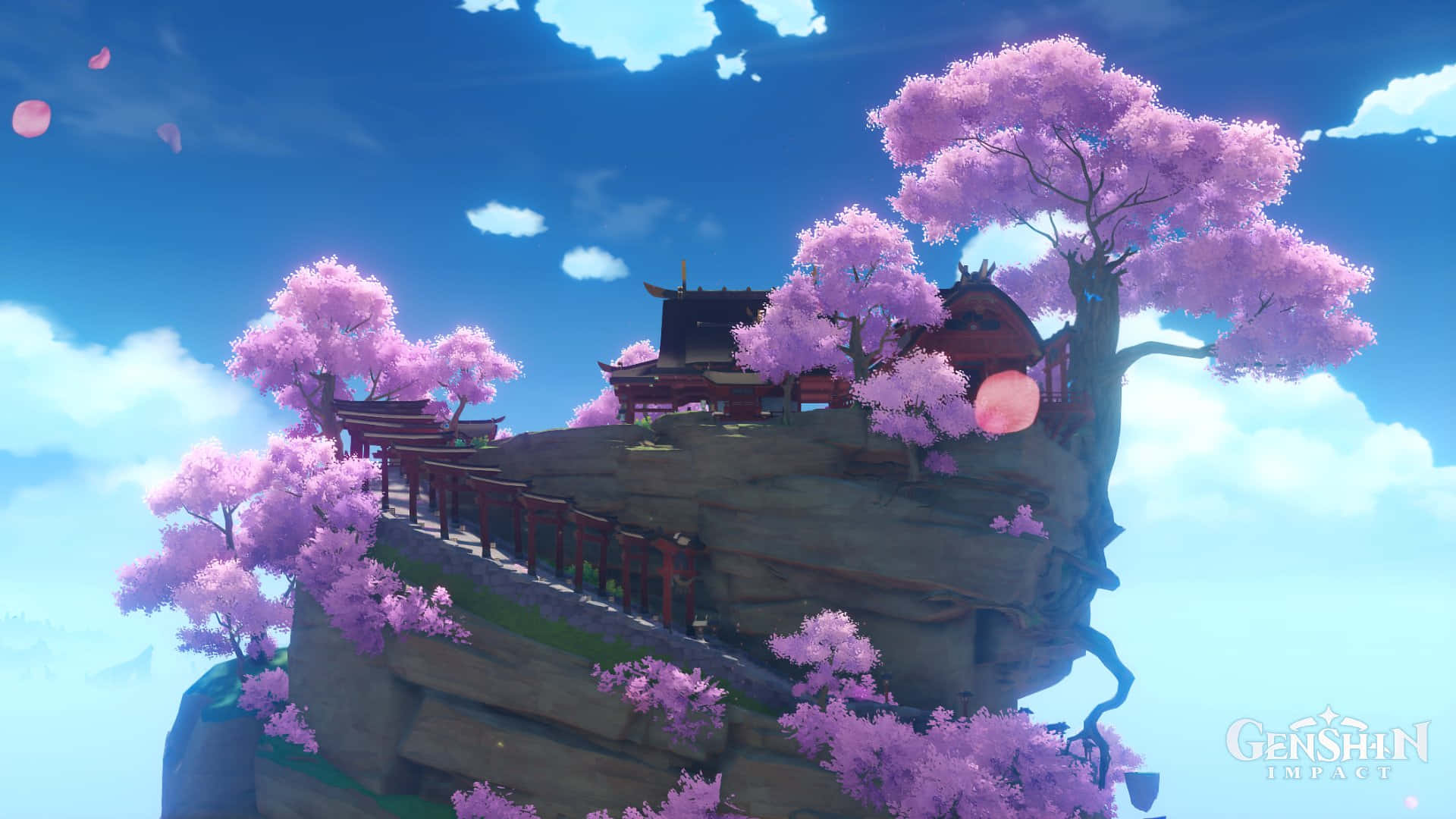 Calm Anime Cherry Blossoms Mountain Wallpaper