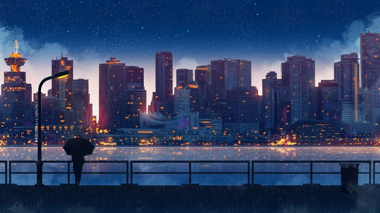 Calm Anime River Near Buildings Wallpaper
