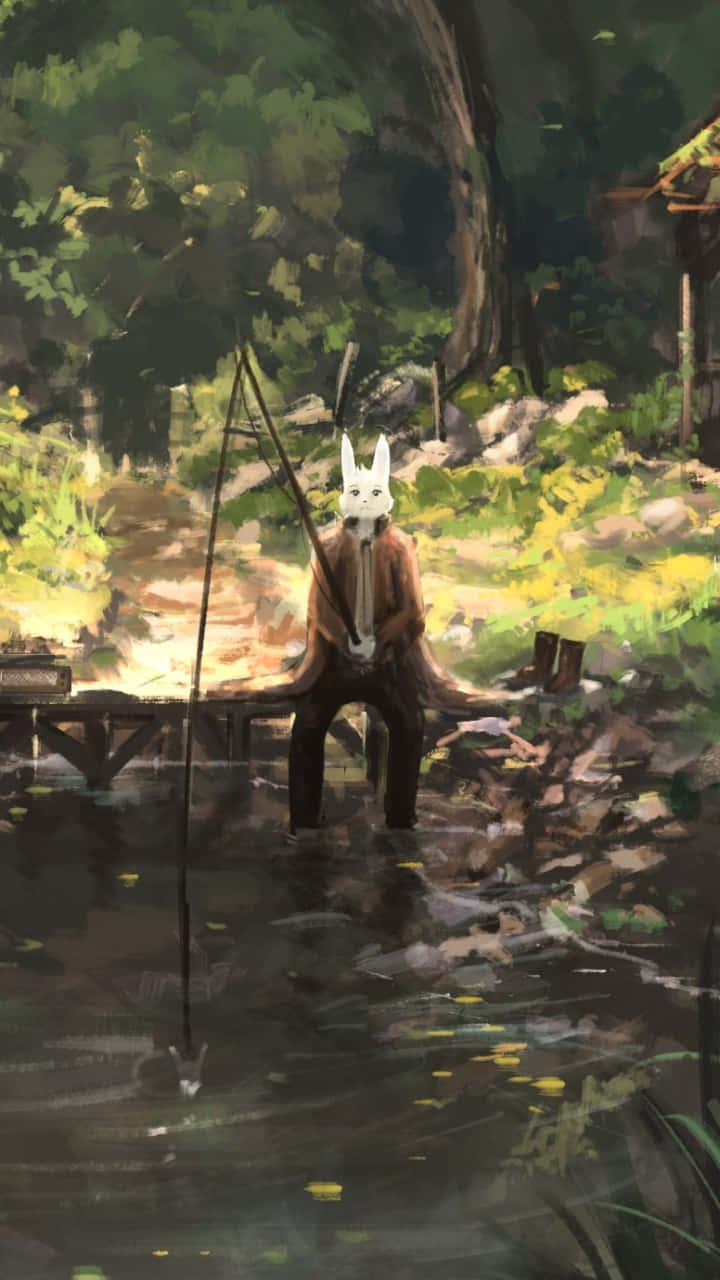 Calm Anime Scenery River Fishing Wallpaper
