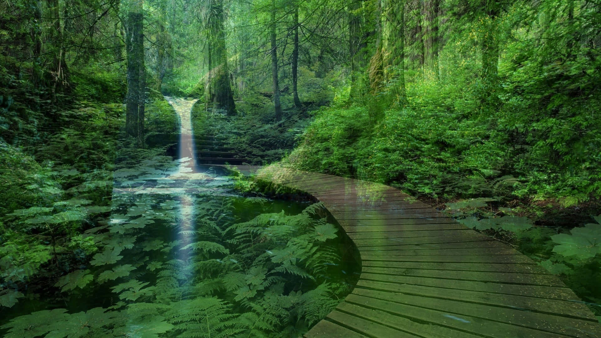 Einhölzerner Gehweg, Der Zu Einem Wasserfall Im Wald Führt