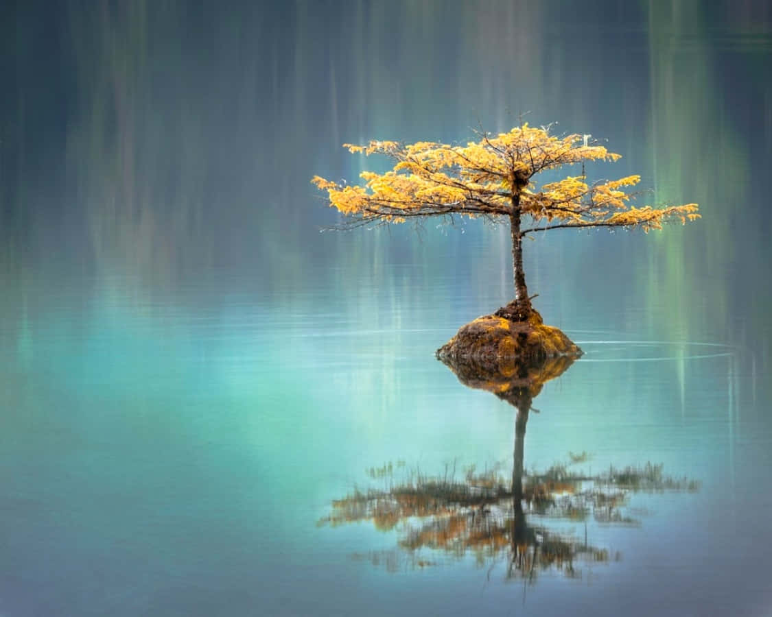 A Single Tree On A Rock In A Lake