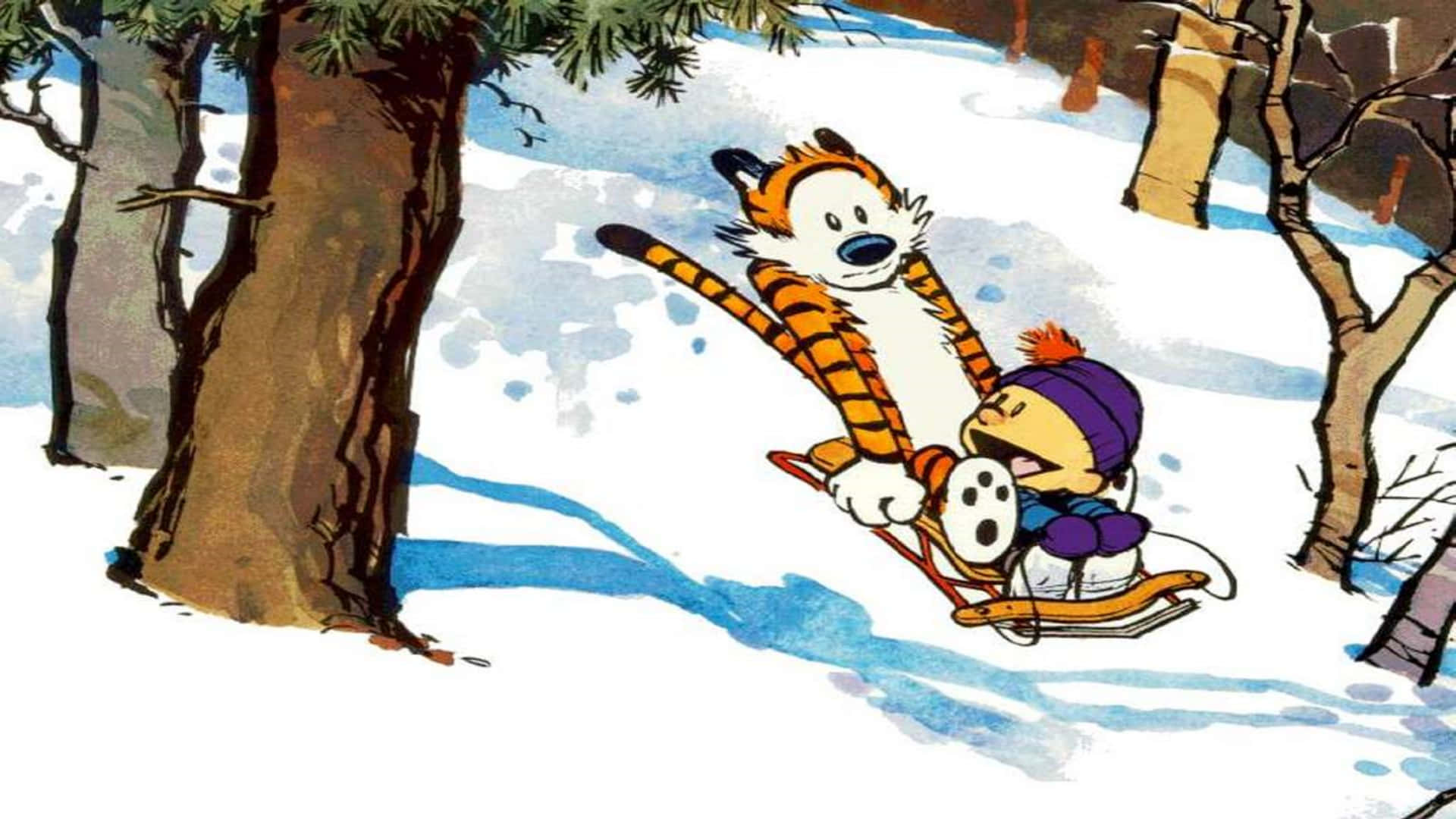 The timeless duo of Calvin and Hobbes enjoying a leisurely afternoon. Wallpaper